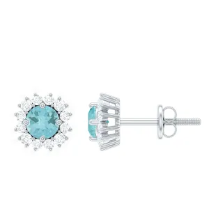 1 CT Sky Blue Topaz and Diamond Classic Halo Stud Earrings