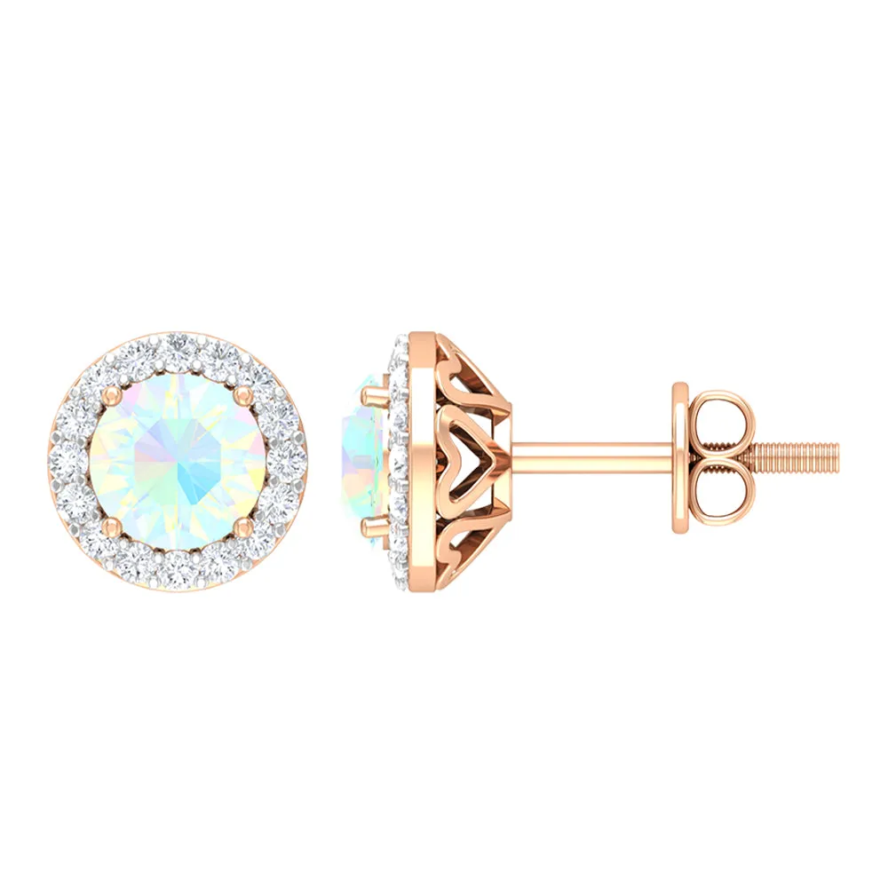 1.25 CT Classic Ethiopian Opal and Moissanite Halo Stud Earrings