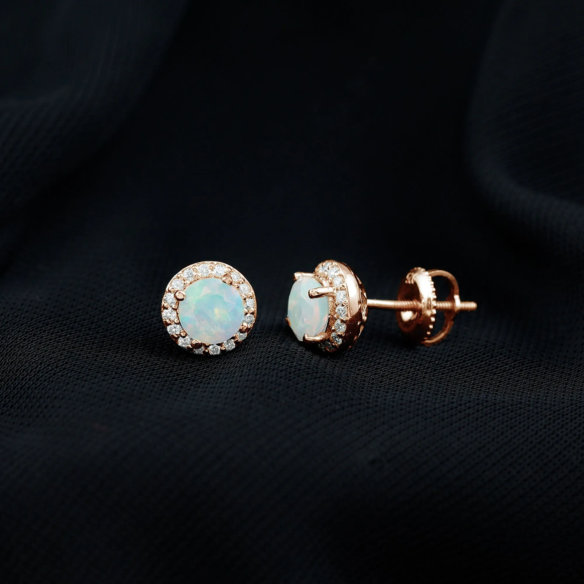 1.25 CT Classic Ethiopian Opal and Moissanite Halo Stud Earrings