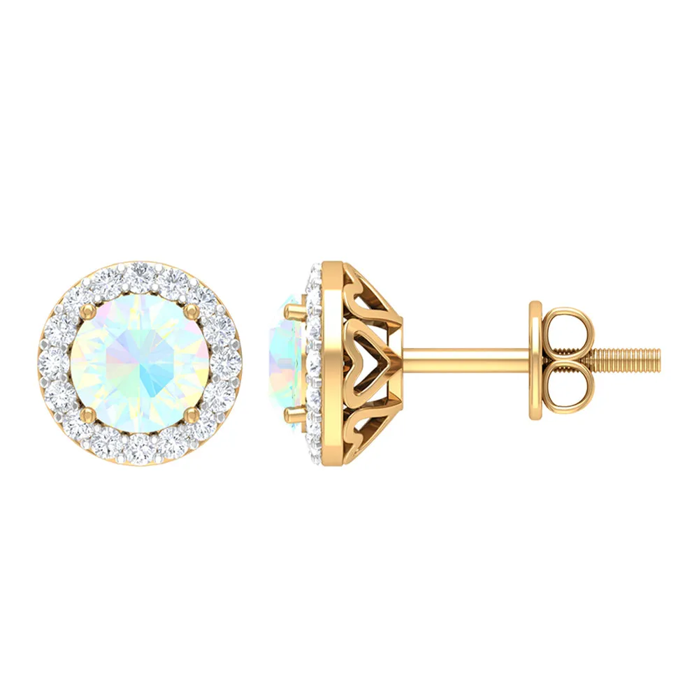 1.25 CT Classic Ethiopian Opal and Moissanite Halo Stud Earrings