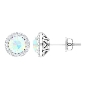 1.25 CT Classic Ethiopian Opal and Moissanite Halo Stud Earrings