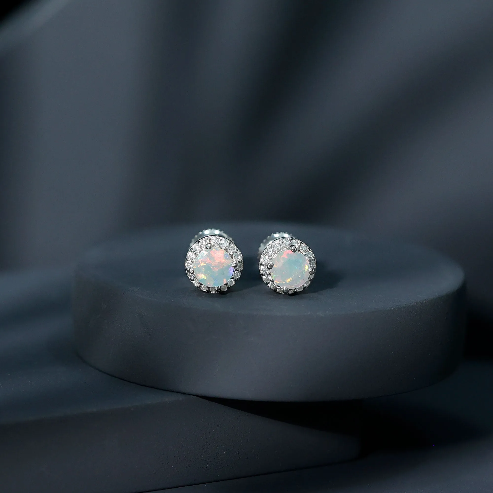 1.25 CT Classic Ethiopian Opal and Moissanite Halo Stud Earrings