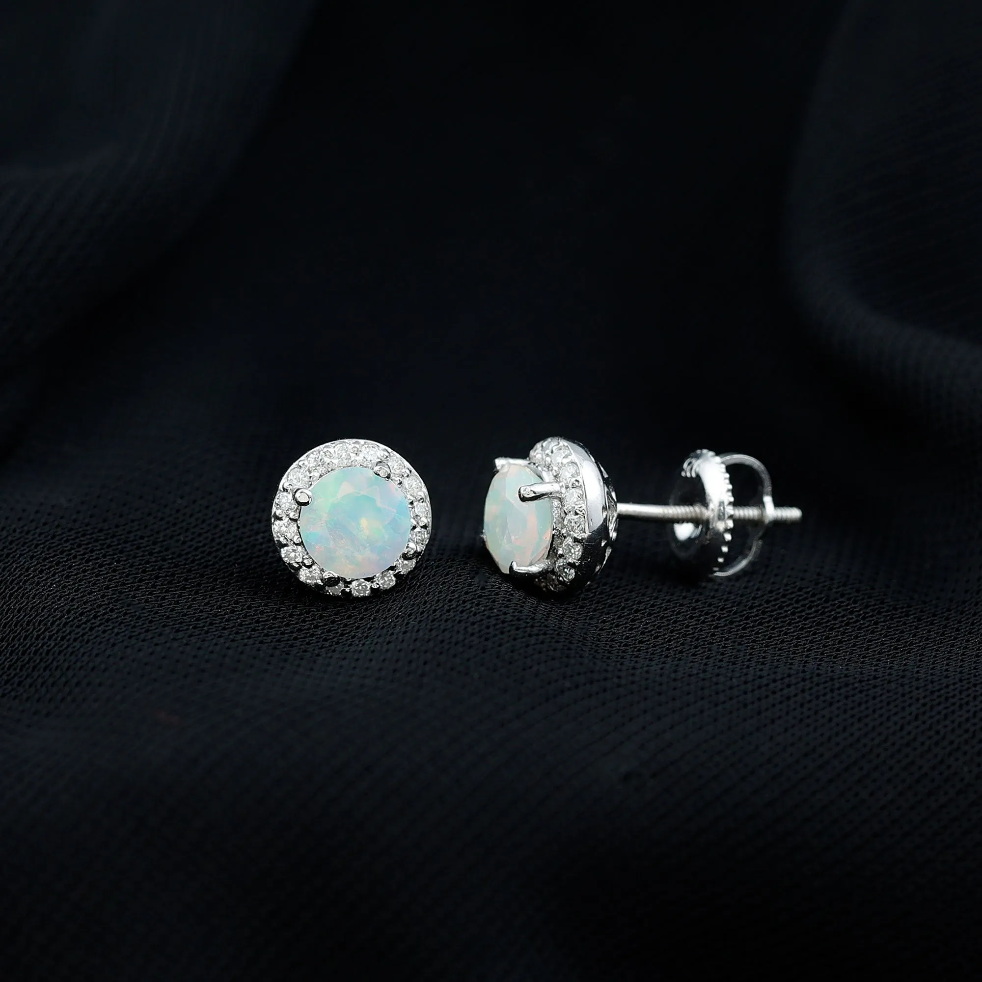 1.25 CT Classic Ethiopian Opal and Moissanite Halo Stud Earrings