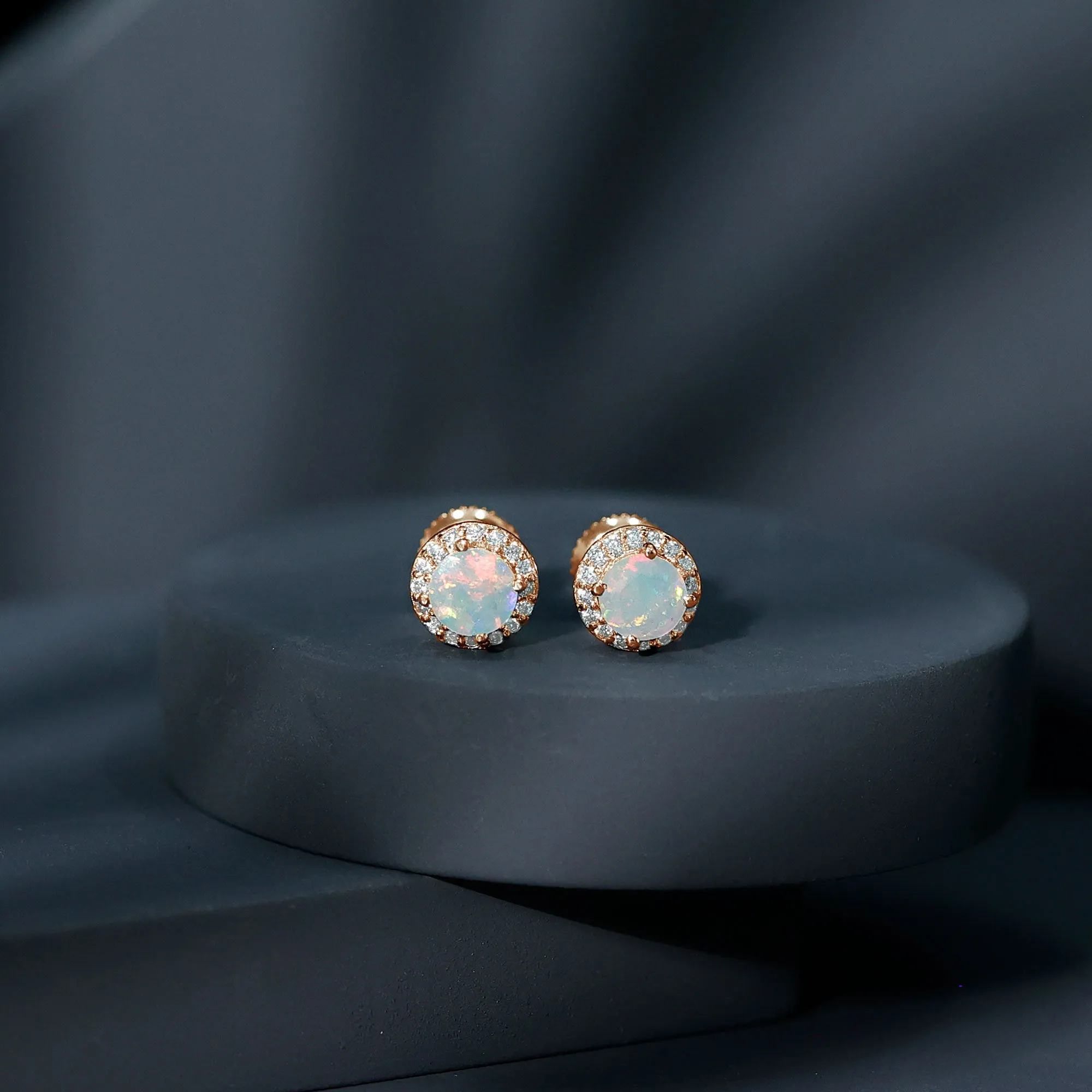 1.25 CT Classic Ethiopian Opal and Moissanite Halo Stud Earrings