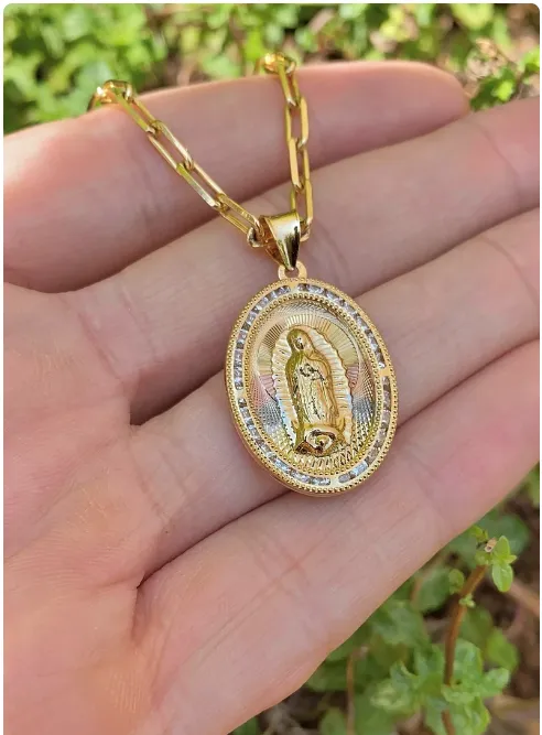 14K Gold Filled Our Lady of Guadalupe Necklace Paper Clip Chain Pendant Jewelry Catholics Everyday Toddler Youth Mens Womens