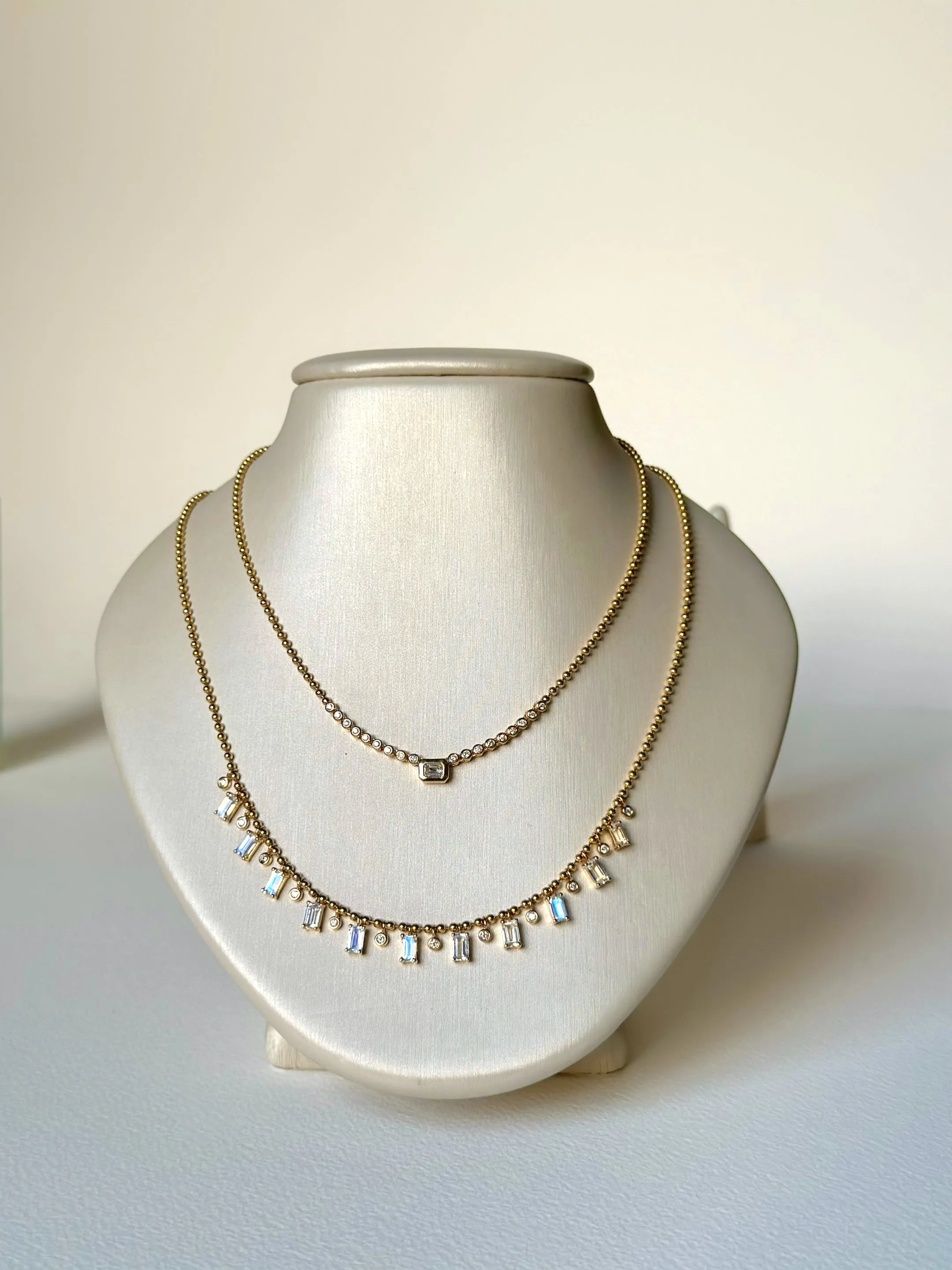 14K Moonstone Diamond Ball Chain Necklace