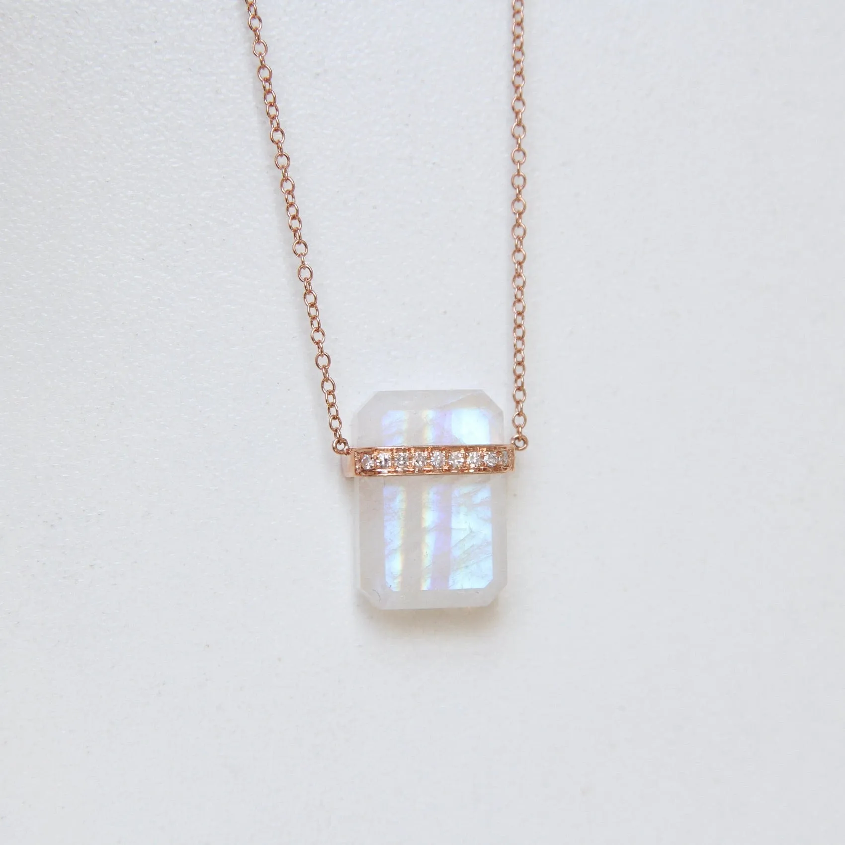 14k Rose Gold Large Ethos Rainbow Moonstone with Diamond Band Necklace