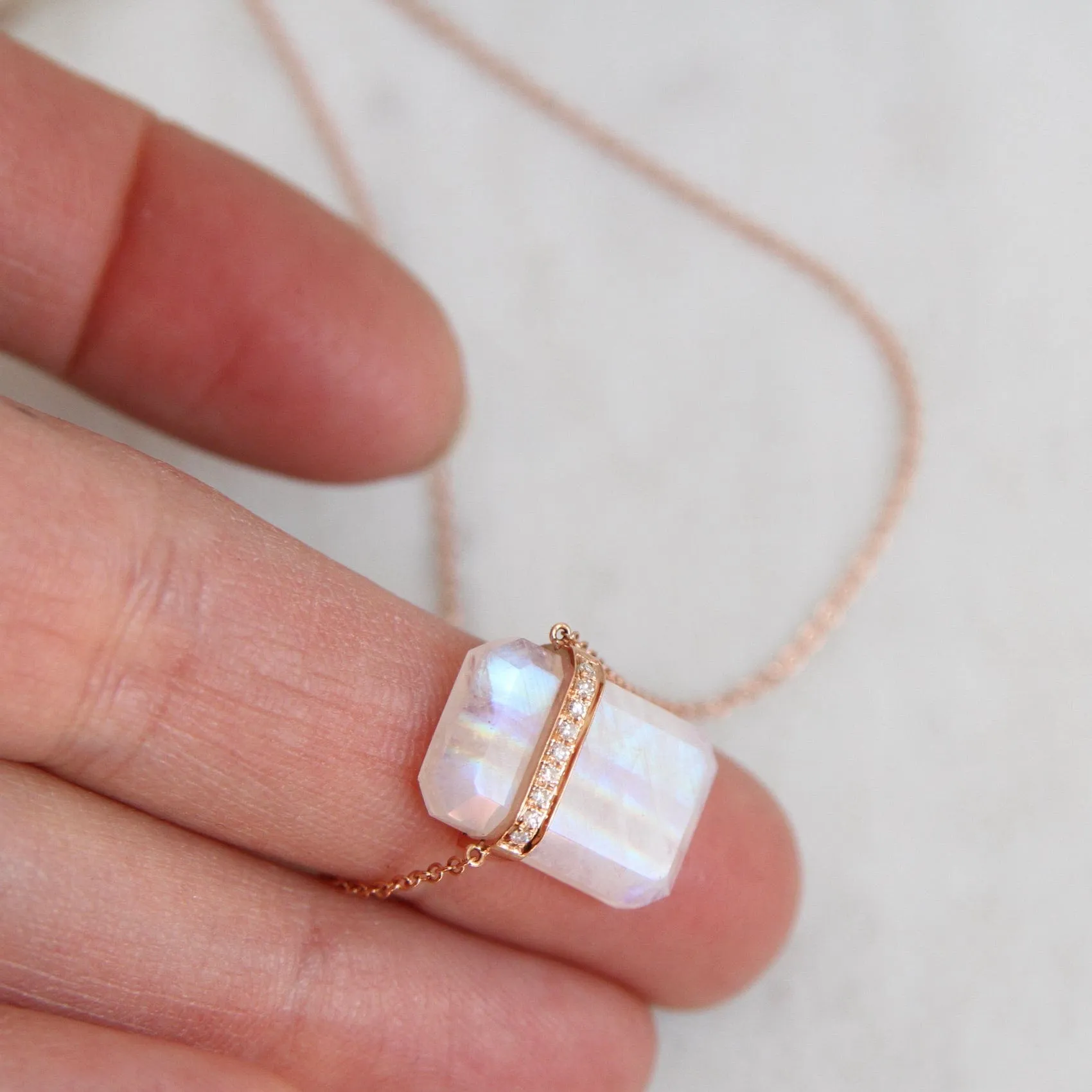 14k Rose Gold Large Ethos Rainbow Moonstone with Diamond Band Necklace