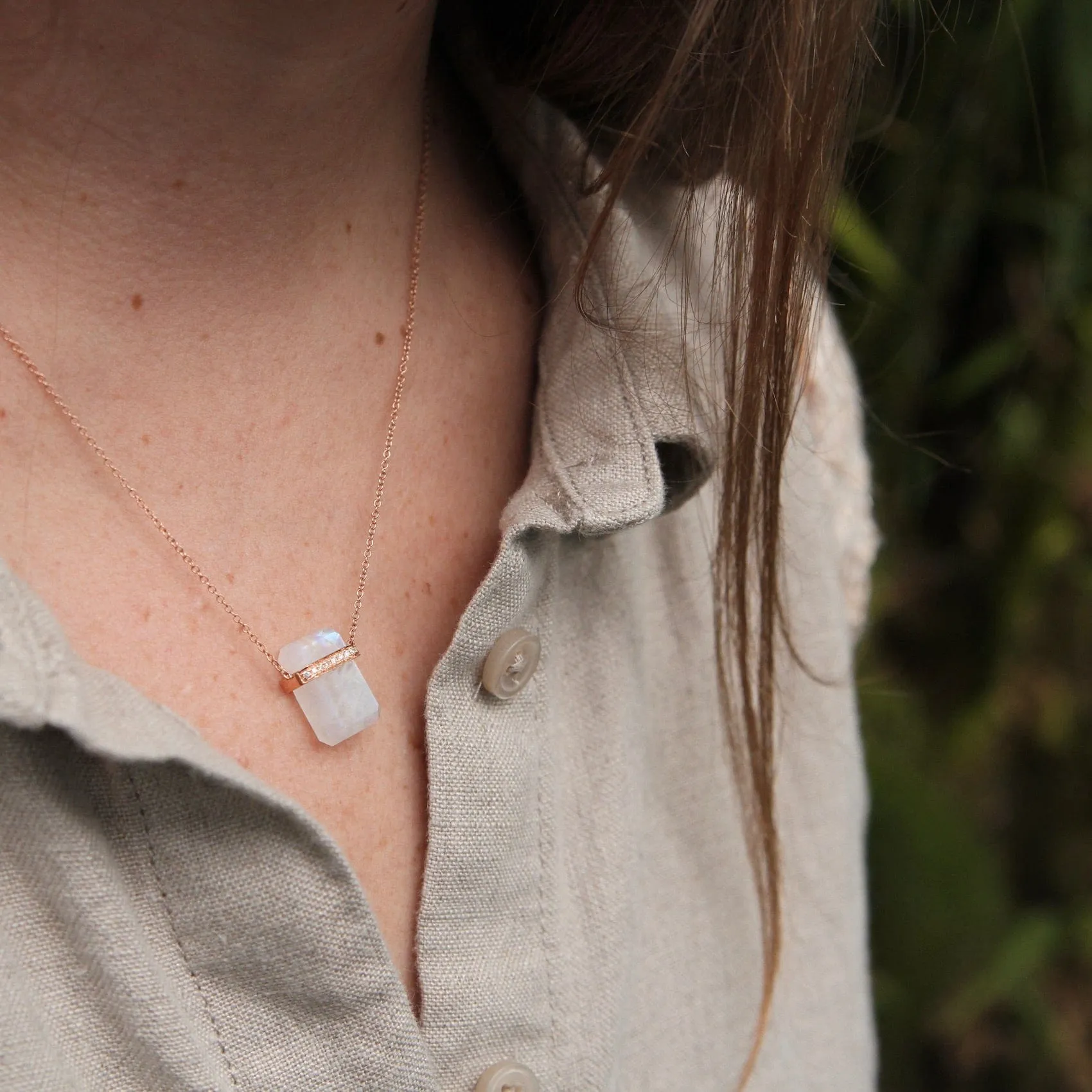 14k Rose Gold Large Ethos Rainbow Moonstone with Diamond Band Necklace
