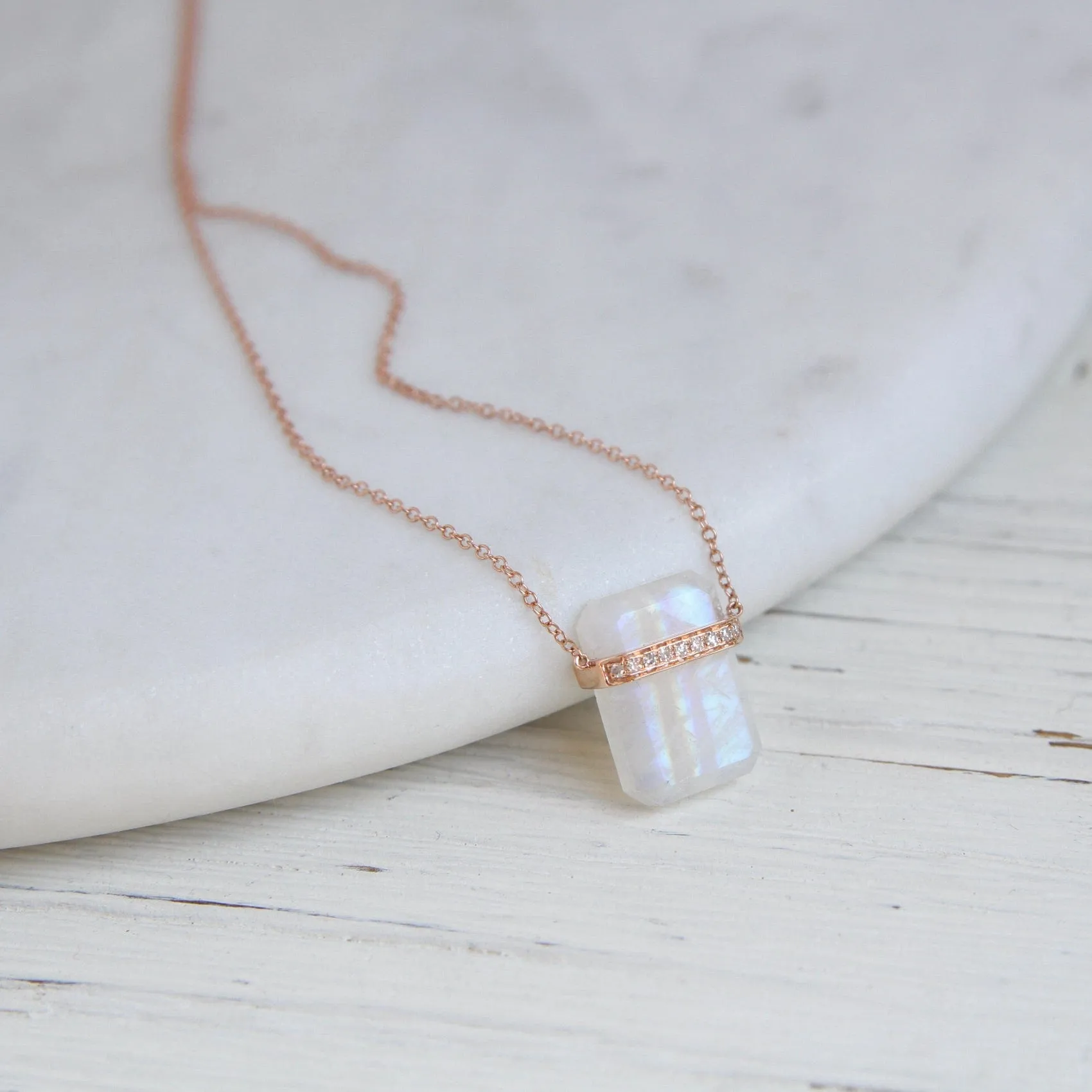 14k Rose Gold Large Ethos Rainbow Moonstone with Diamond Band Necklace