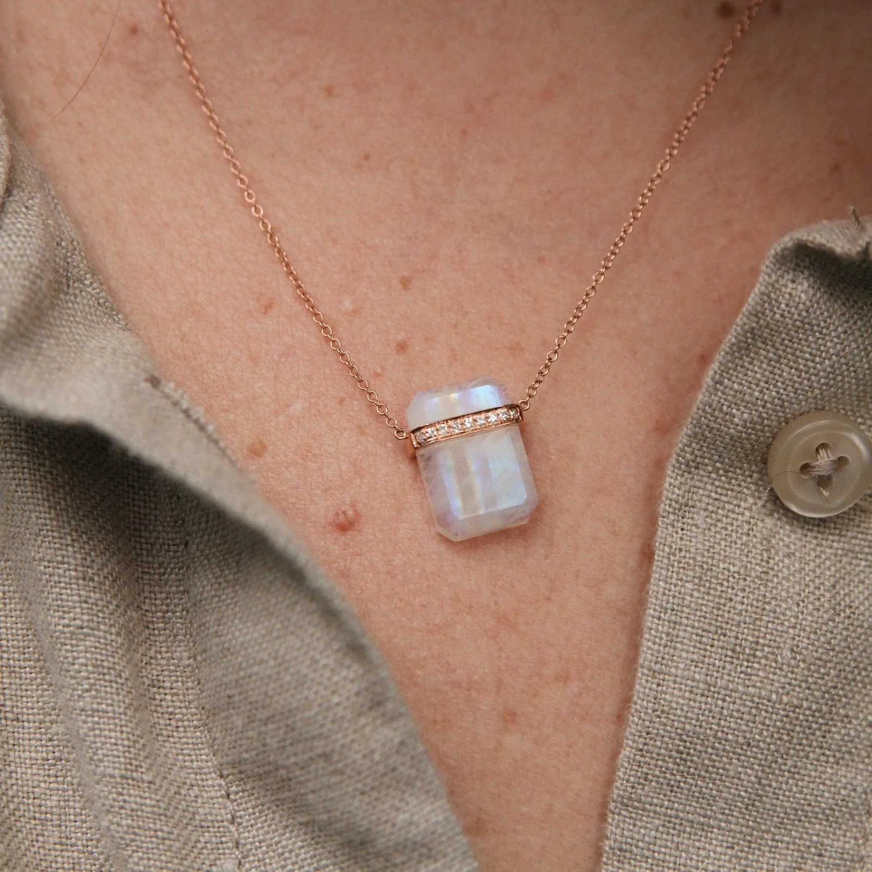 14k Rose Gold Large Ethos Rainbow Moonstone with Diamond Band Necklace