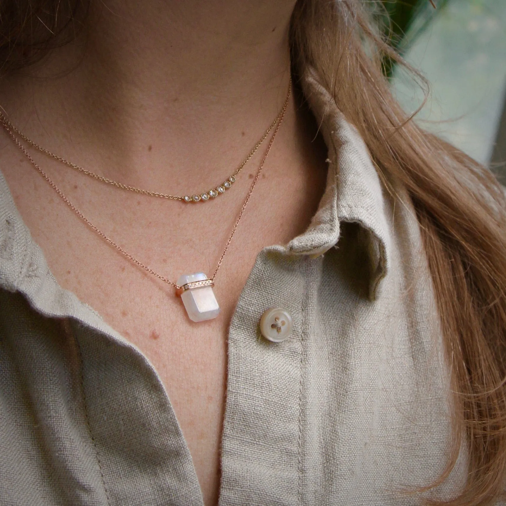 14k Rose Gold Large Ethos Rainbow Moonstone with Diamond Band Necklace
