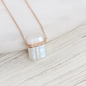 14k Rose Gold Large Ethos Rainbow Moonstone with Diamond Band Necklace