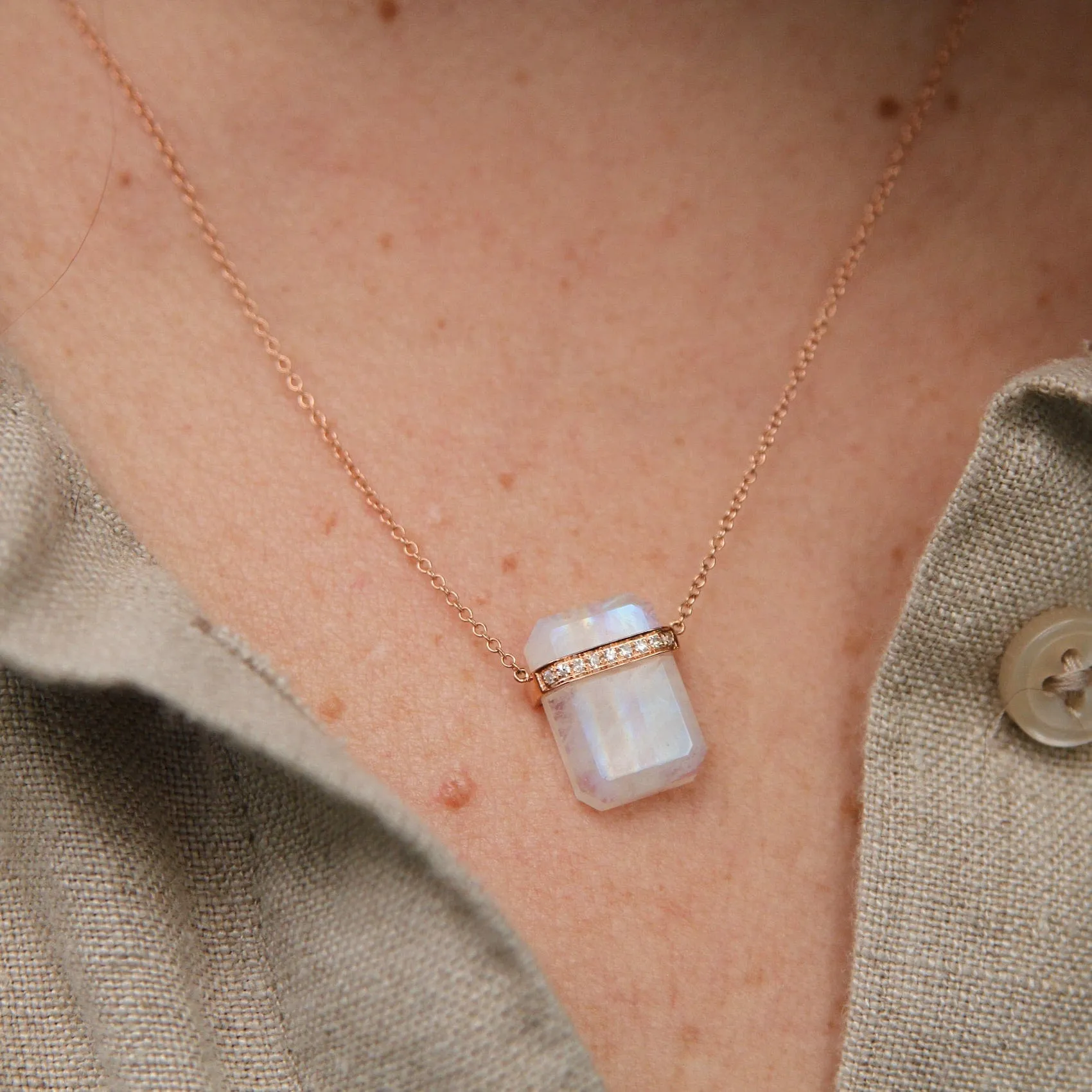 14k Rose Gold Large Ethos Rainbow Moonstone with Diamond Band Necklace