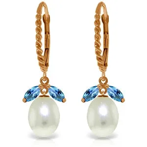 14K Solid Rose Gold Leverback Earrings Blue Topaz & Pearl Gemstone