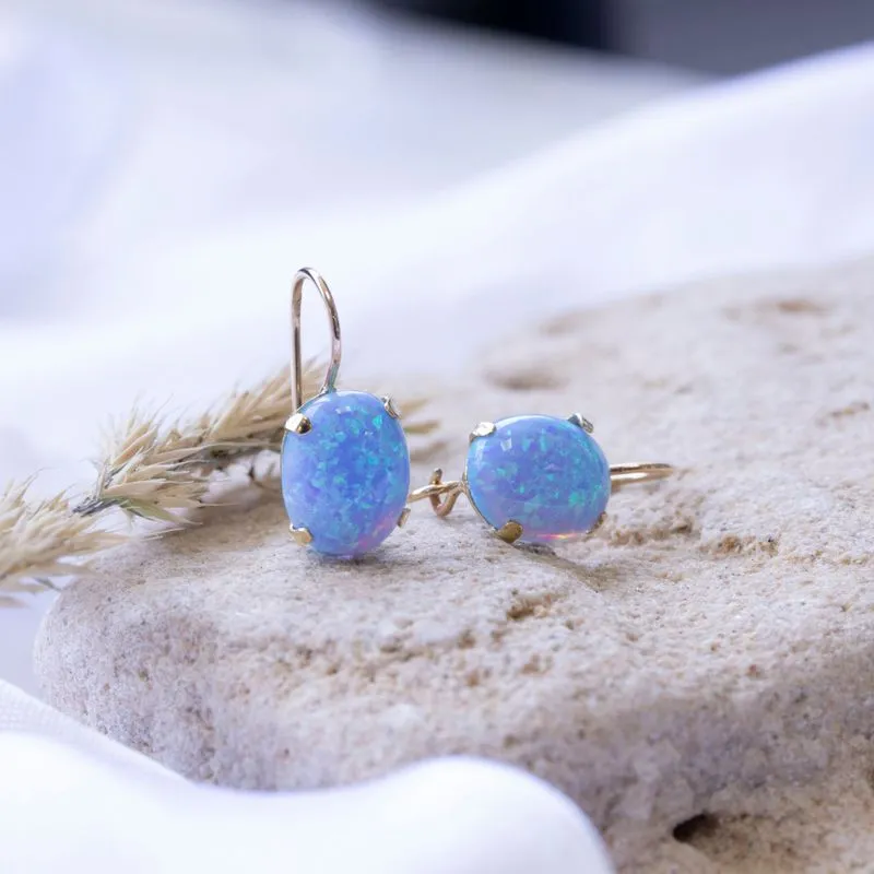 14K Yellow Gold Oval Blue Opal 8X10mm Dangle Earrings