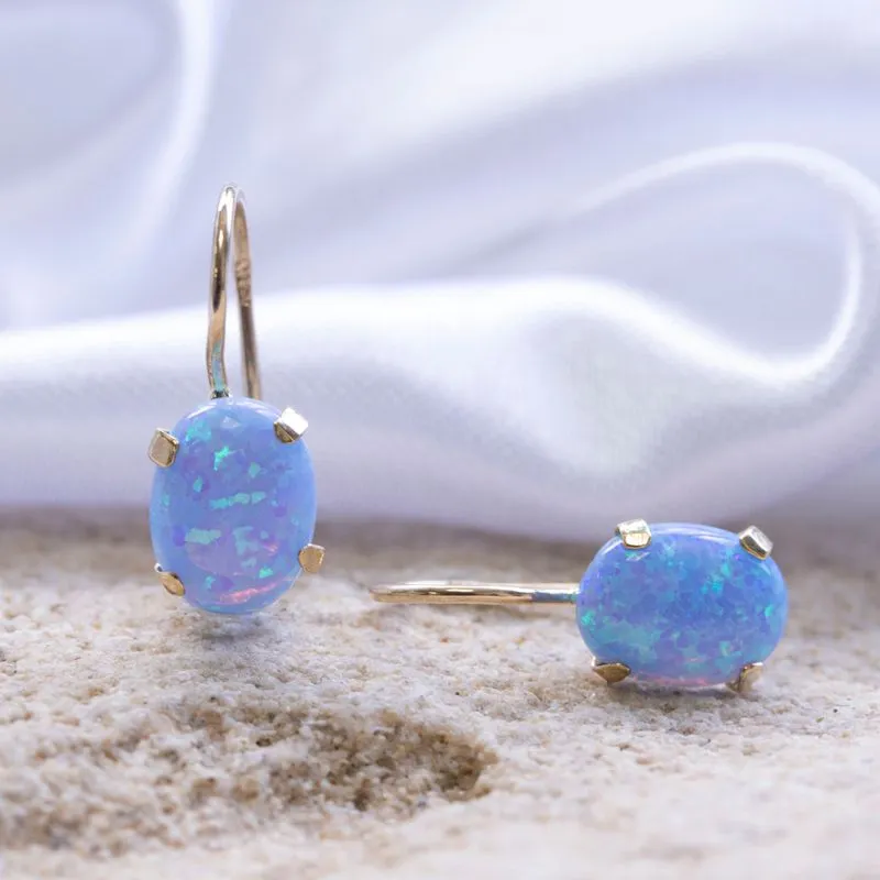 14K Yellow Gold Oval Blue Opal 8X10mm Dangle Earrings