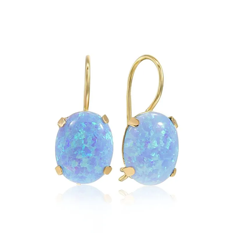 14K Yellow Gold Oval Blue Opal 8X10mm Dangle Earrings