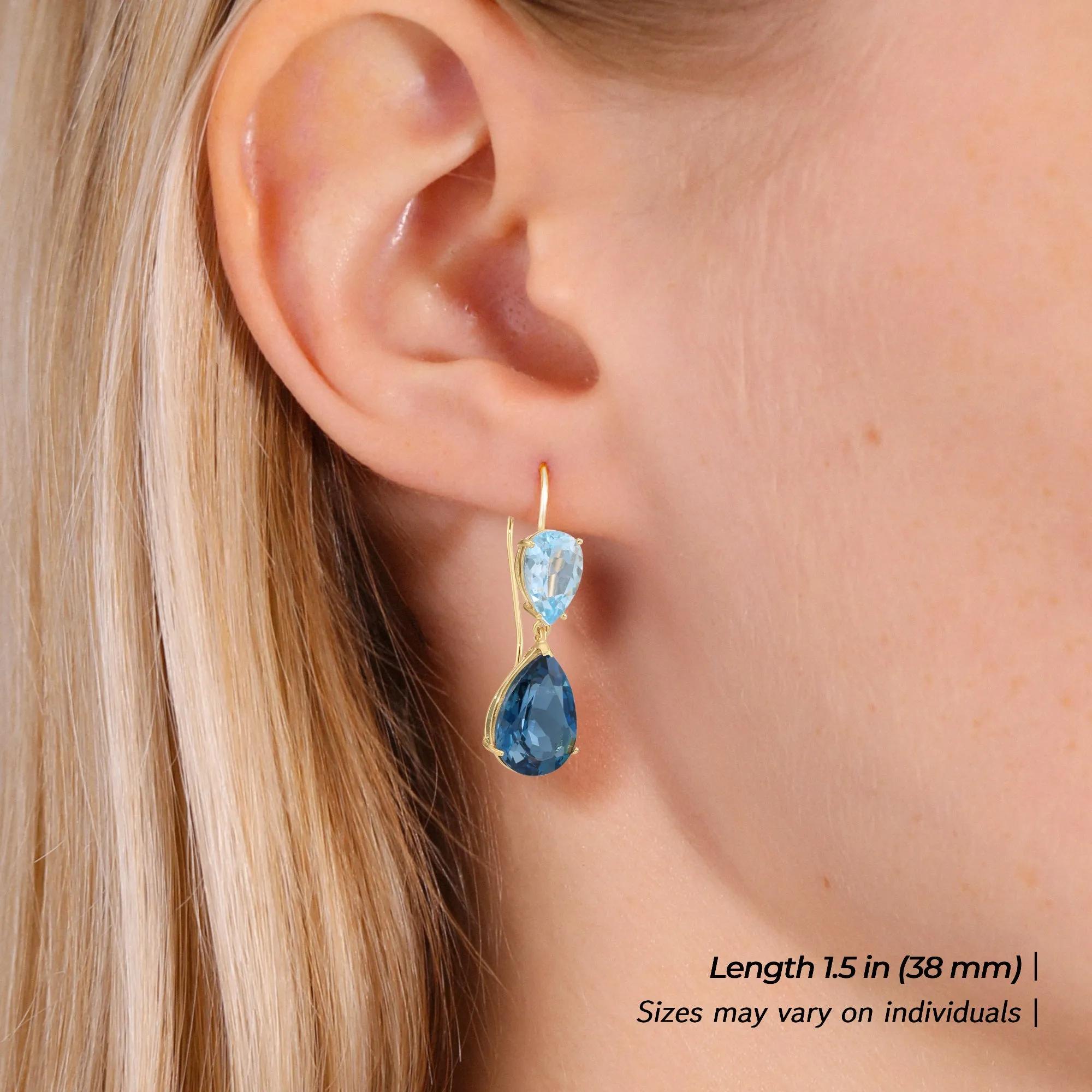 14K Yellow Gold Pear-Cut London & Sky Blue Topaz Teardrop Wire Earrings, 26ctw, Natural Gemstone Earrings