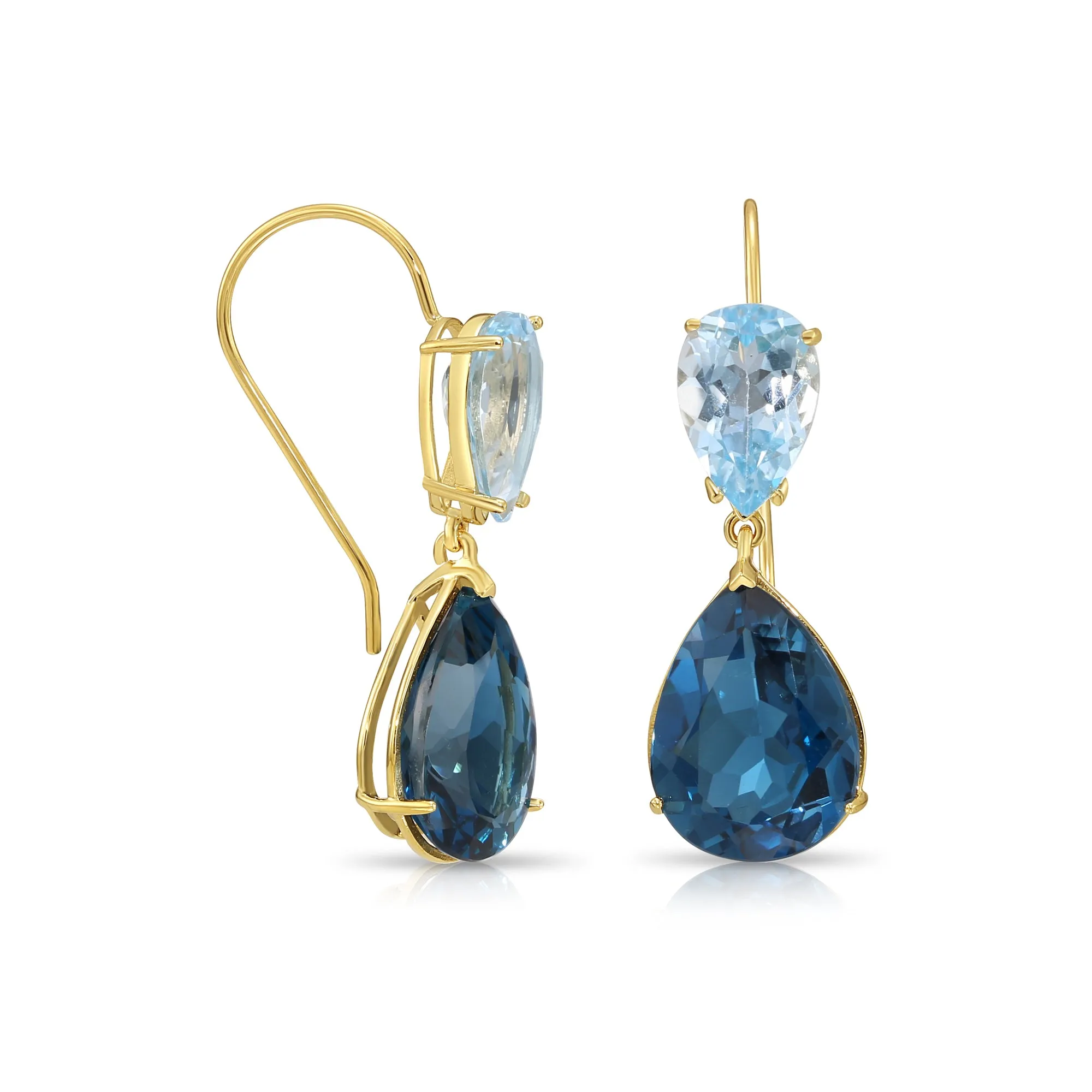 14K Yellow Gold Pear-Cut London & Sky Blue Topaz Teardrop Wire Earrings, 26ctw, Natural Gemstone Earrings