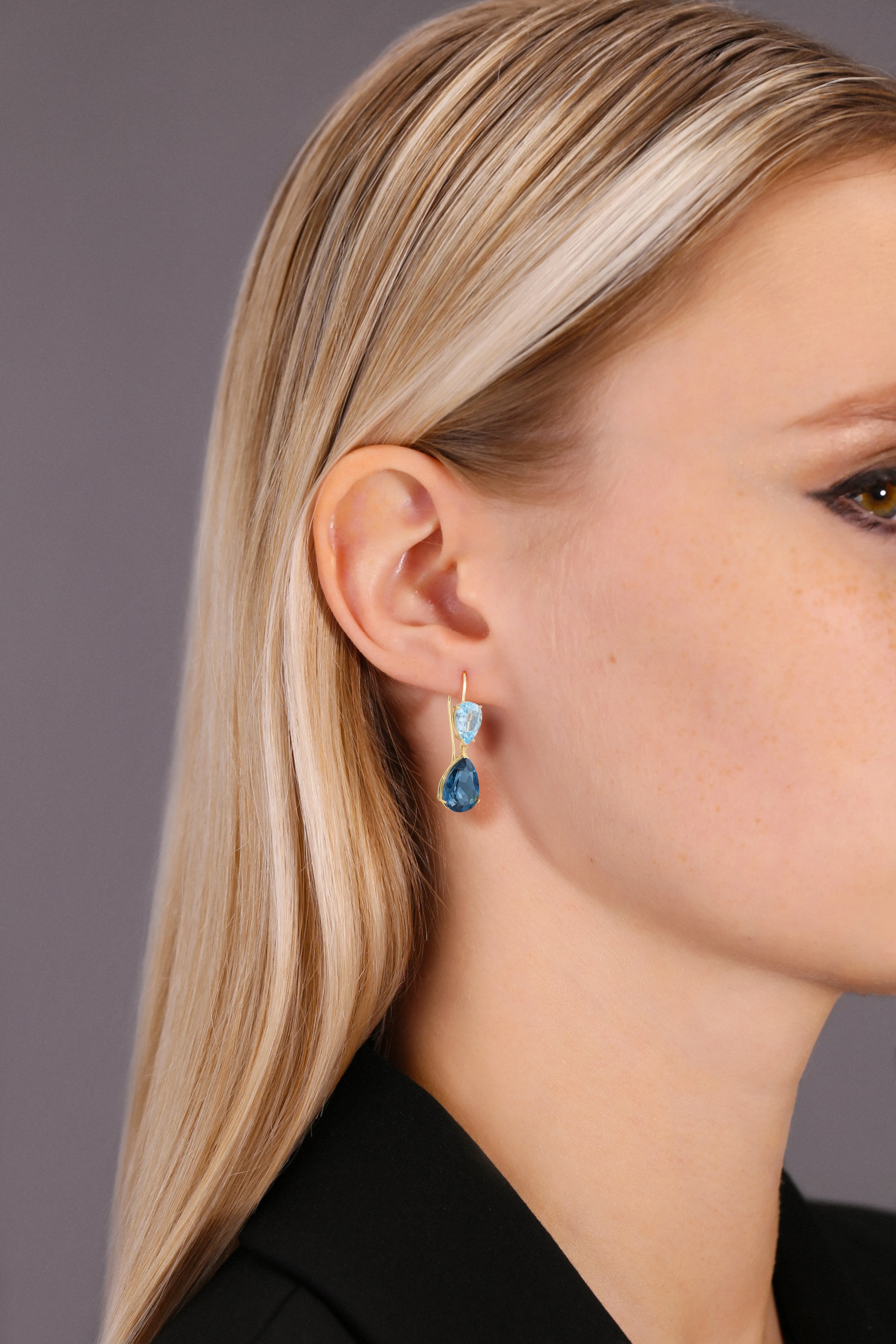 14K Yellow Gold Pear-Cut London & Sky Blue Topaz Teardrop Wire Earrings, 26ctw, Natural Gemstone Earrings