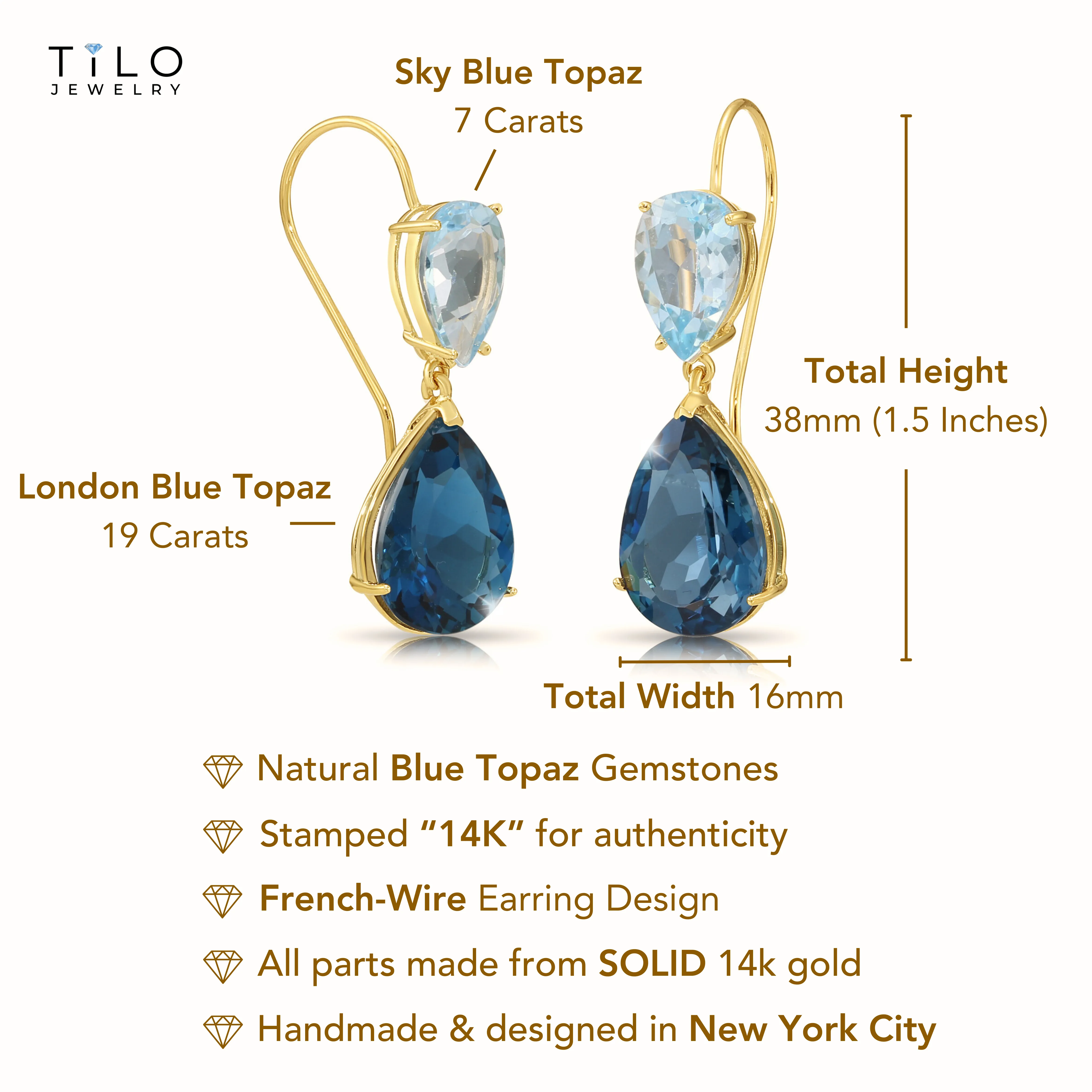 14K Yellow Gold Pear-Cut London & Sky Blue Topaz Teardrop Wire Earrings, 26ctw, Natural Gemstone Earrings