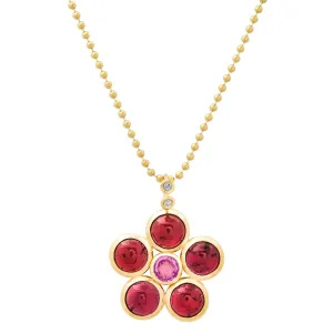 14K YG Garnet, Pink Tourmaline and Diamond Blossom Necklace