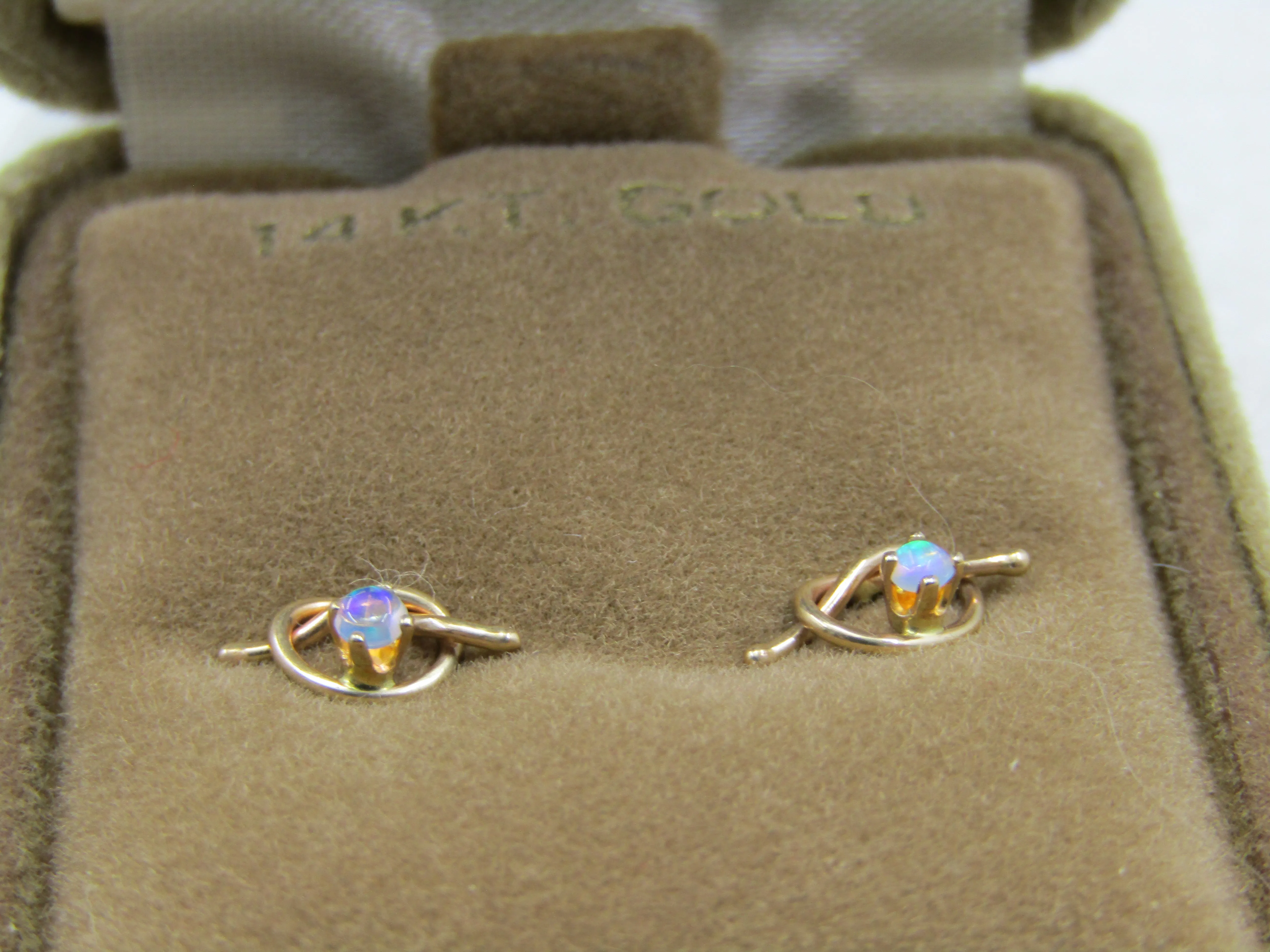 14kt Opal Love Knot Earrings, Pierced, Vintage new in Box