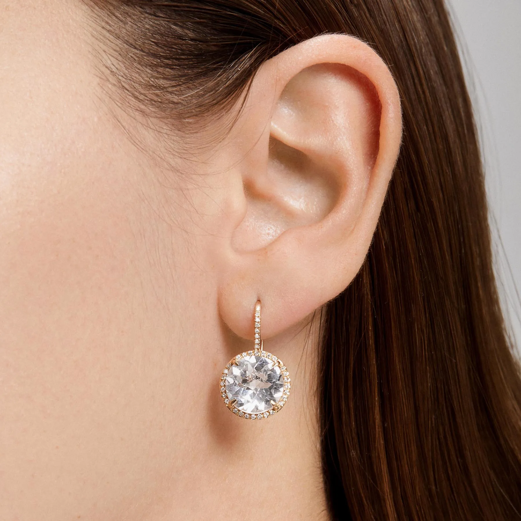 14KT Yellow Gold White Topaz Diamond Round Earrings