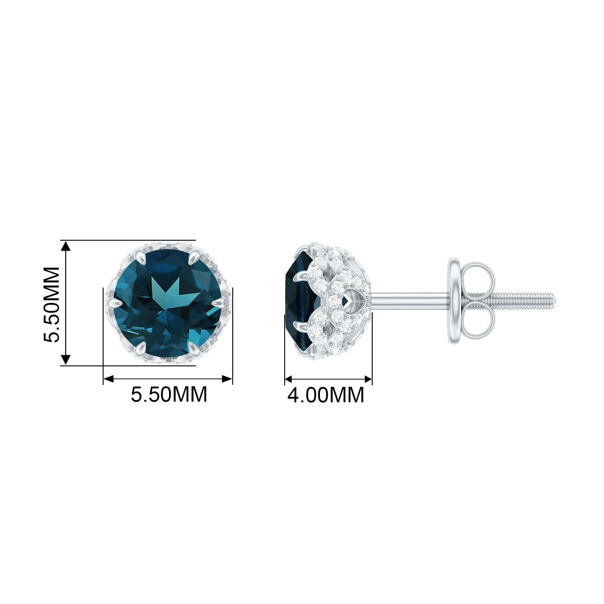 1.5 CT London Blue Topaz Solitaire Stud Earrings with Diamond Accent