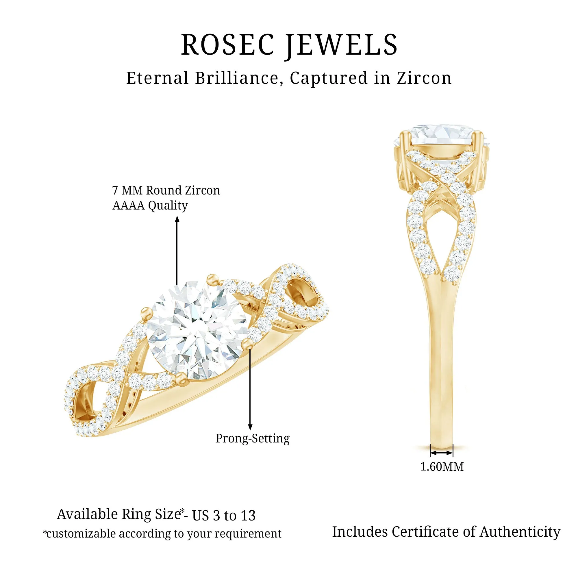 1.75 CT Round Cut Solitaire Zircon Crossover Engagement Ring