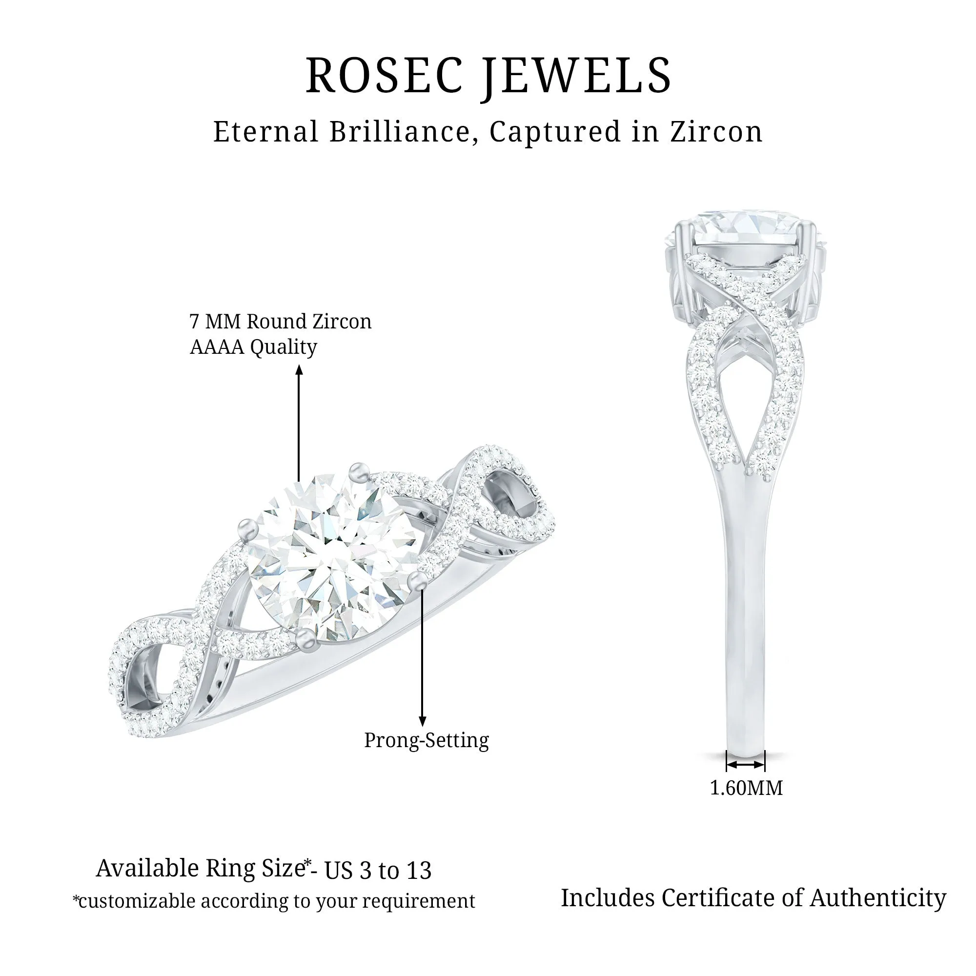 1.75 CT Round Cut Solitaire Zircon Crossover Engagement Ring