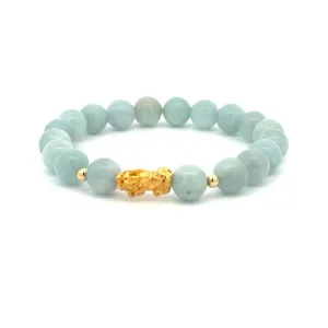 18K Gold Dragon Pixiu Piyao Beads Bracelet Gemstones Aquamarine 8mm Size 8 inches