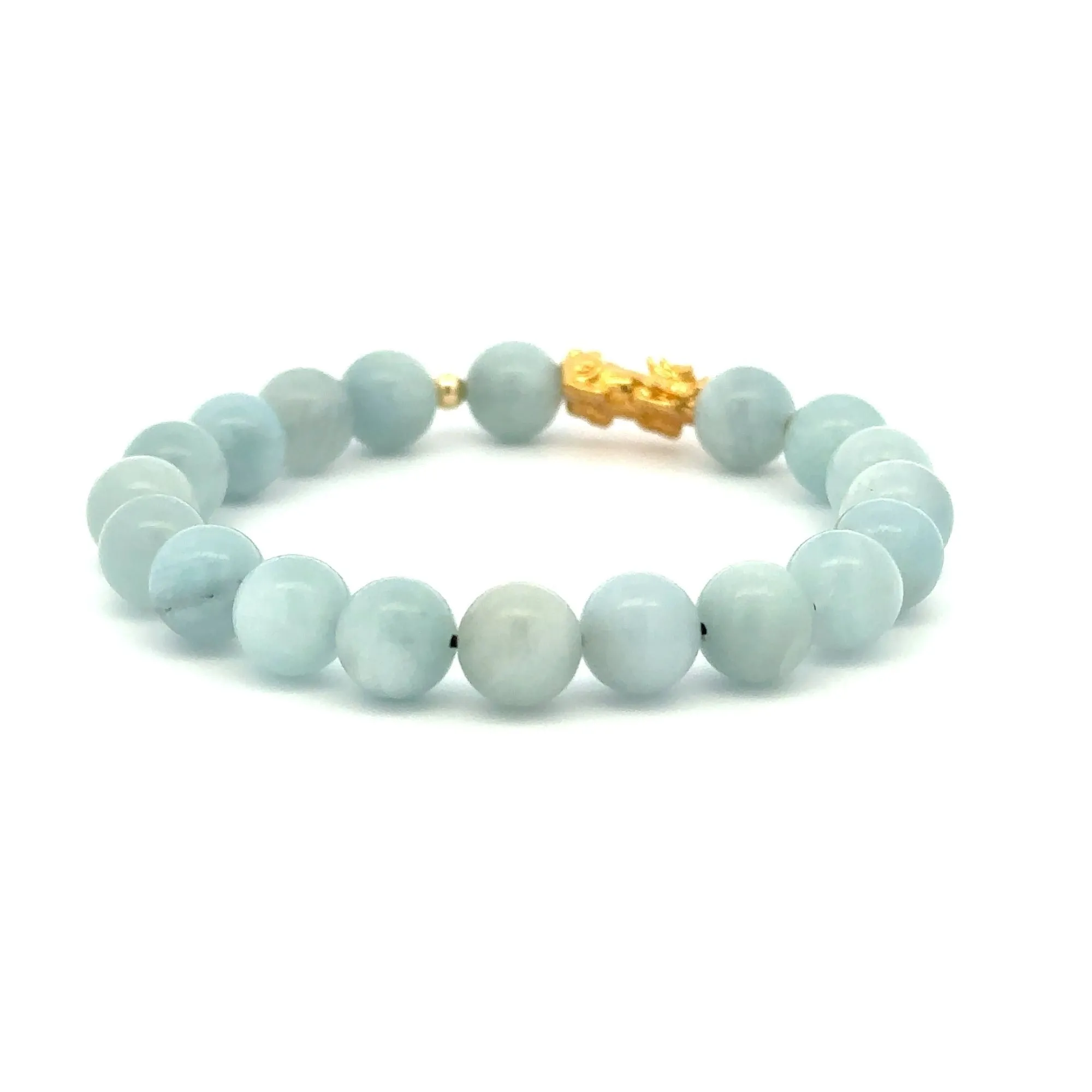 18K Gold Dragon Pixiu Piyao Beads Bracelet Gemstones Aquamarine 8mm Size 8 inches