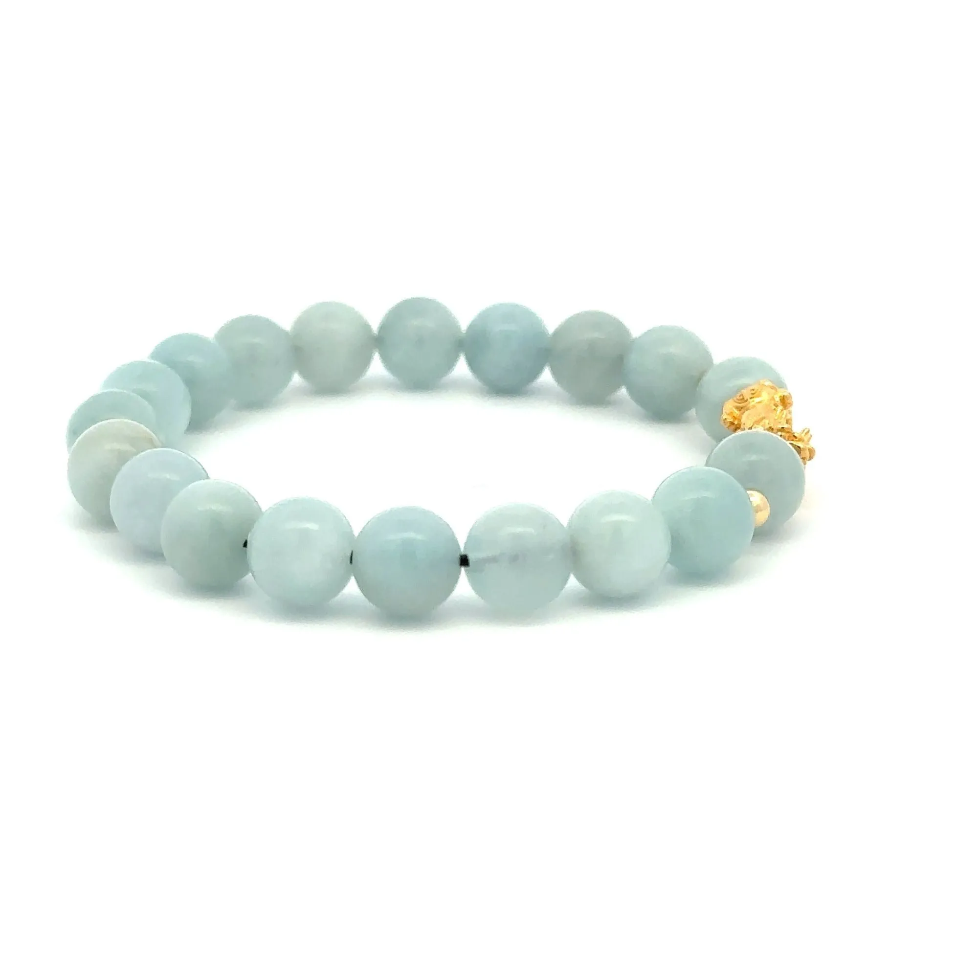 18K Gold Dragon Pixiu Piyao Beads Bracelet Gemstones Aquamarine 8mm Size 8 inches