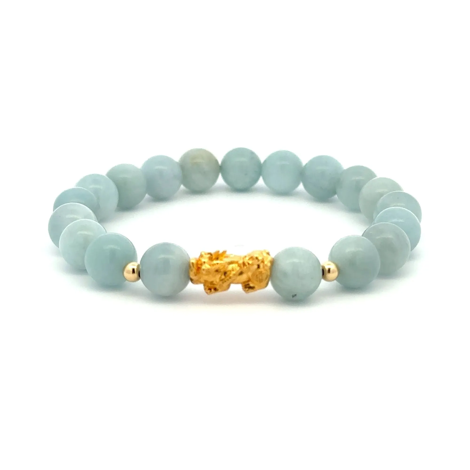 18K Gold Dragon Pixiu Piyao Beads Bracelet Gemstones Aquamarine 8mm Size 8 inches
