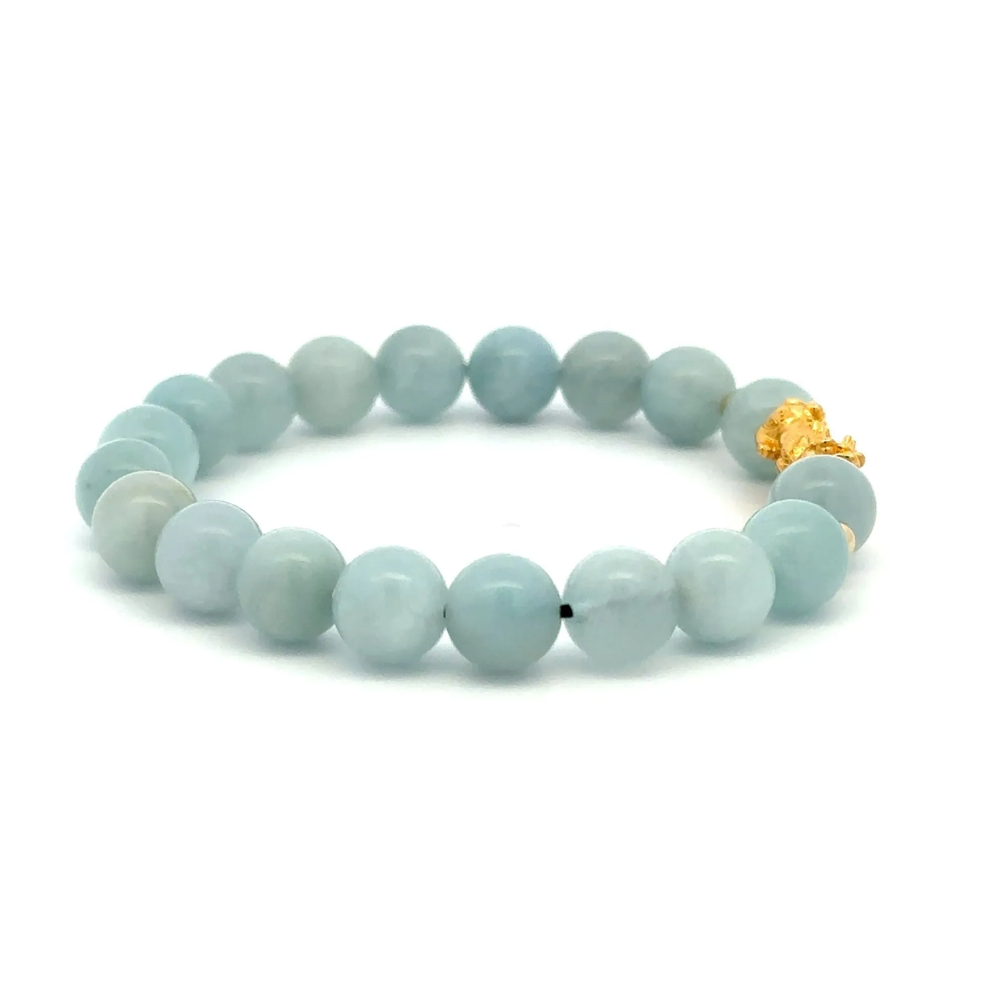 18K Gold Dragon Pixiu Piyao Beads Bracelet Gemstones Aquamarine 8mm Size 8 inches
