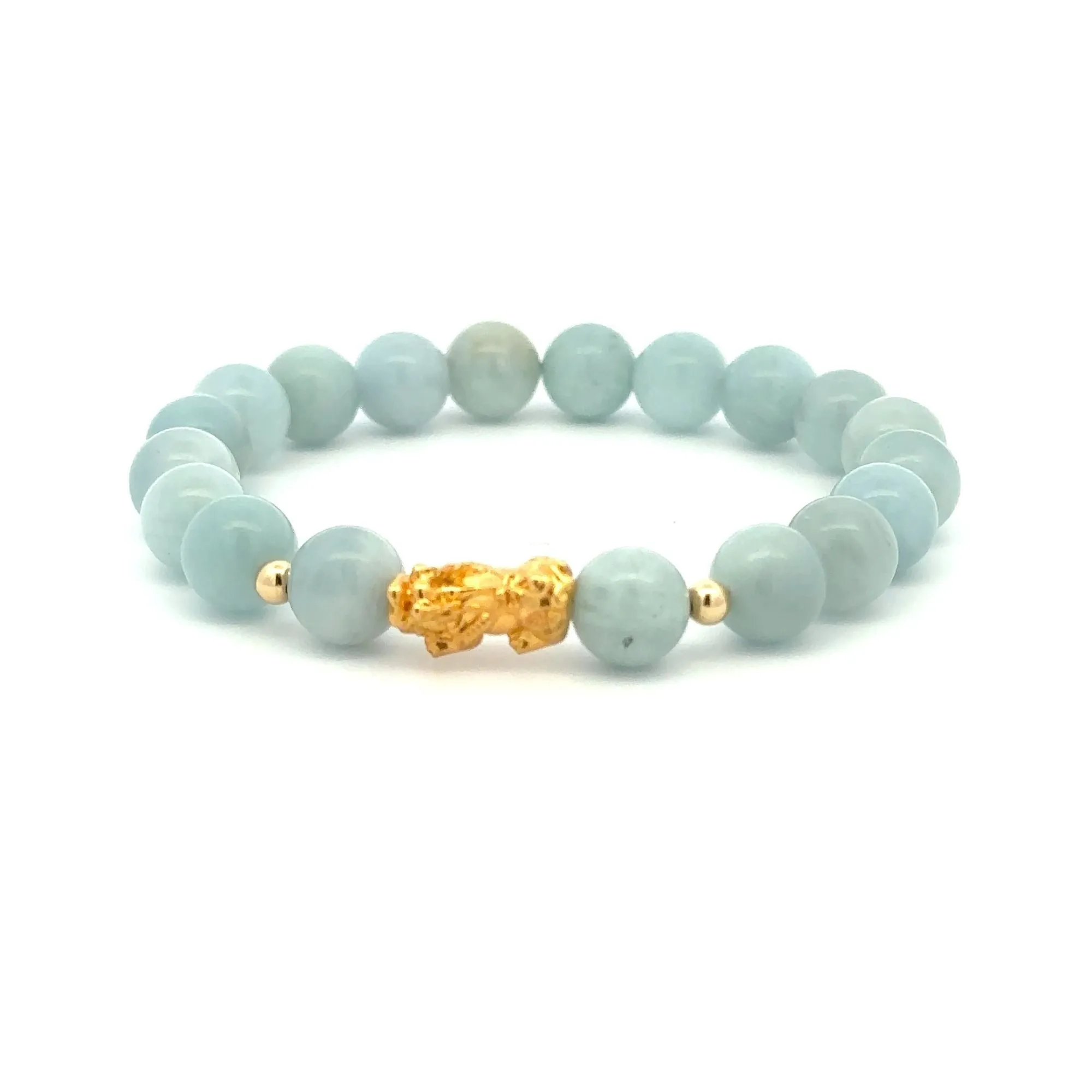 18K Gold Dragon Pixiu Piyao Beads Bracelet Gemstones Aquamarine 8mm Size 8 inches