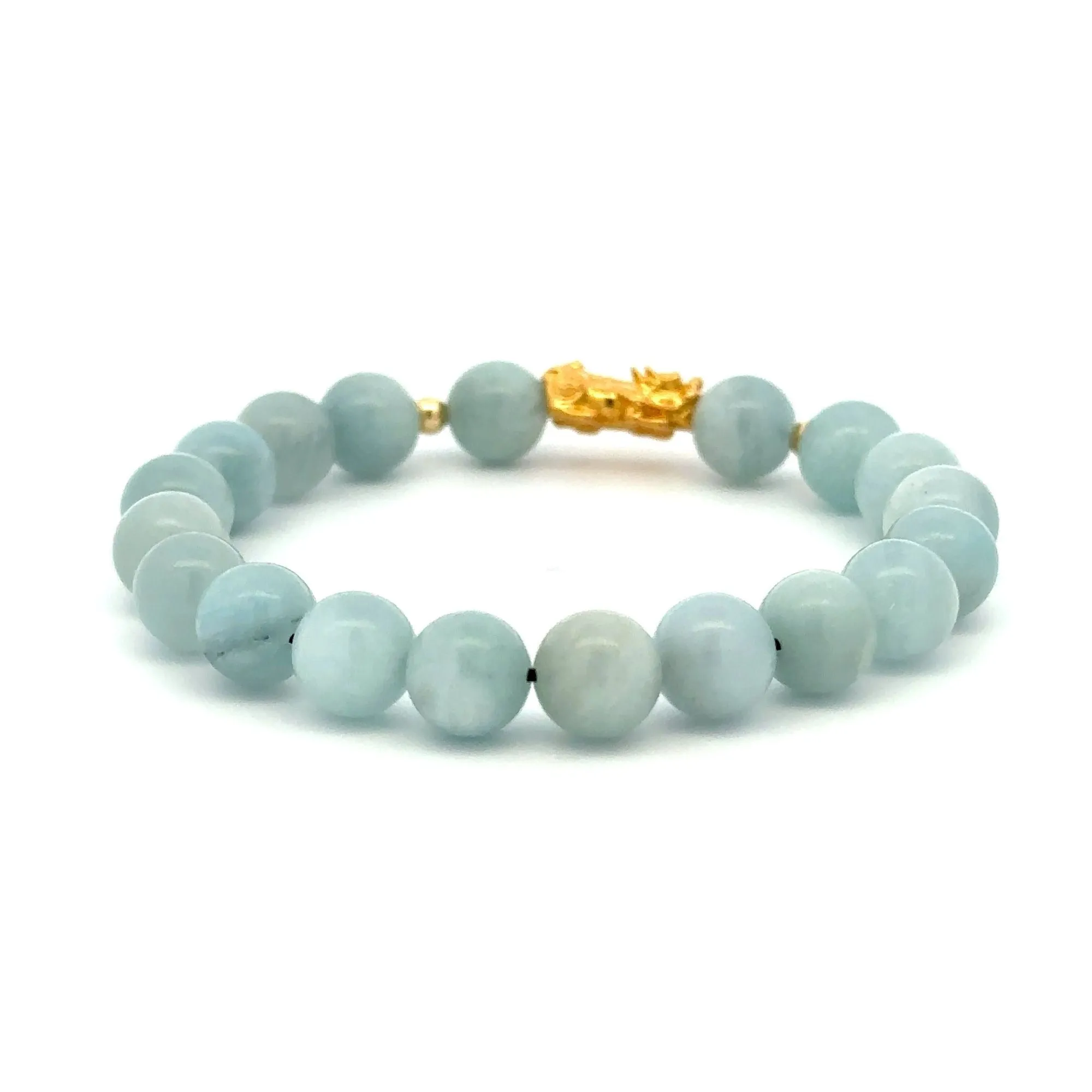 18K Gold Dragon Pixiu Piyao Beads Bracelet Gemstones Aquamarine 8mm Size 8 inches