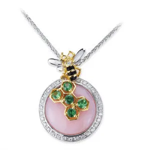 18K Two Tone Bee Diamond Necklace With Tsavorite Rose Quartz And Black Agate