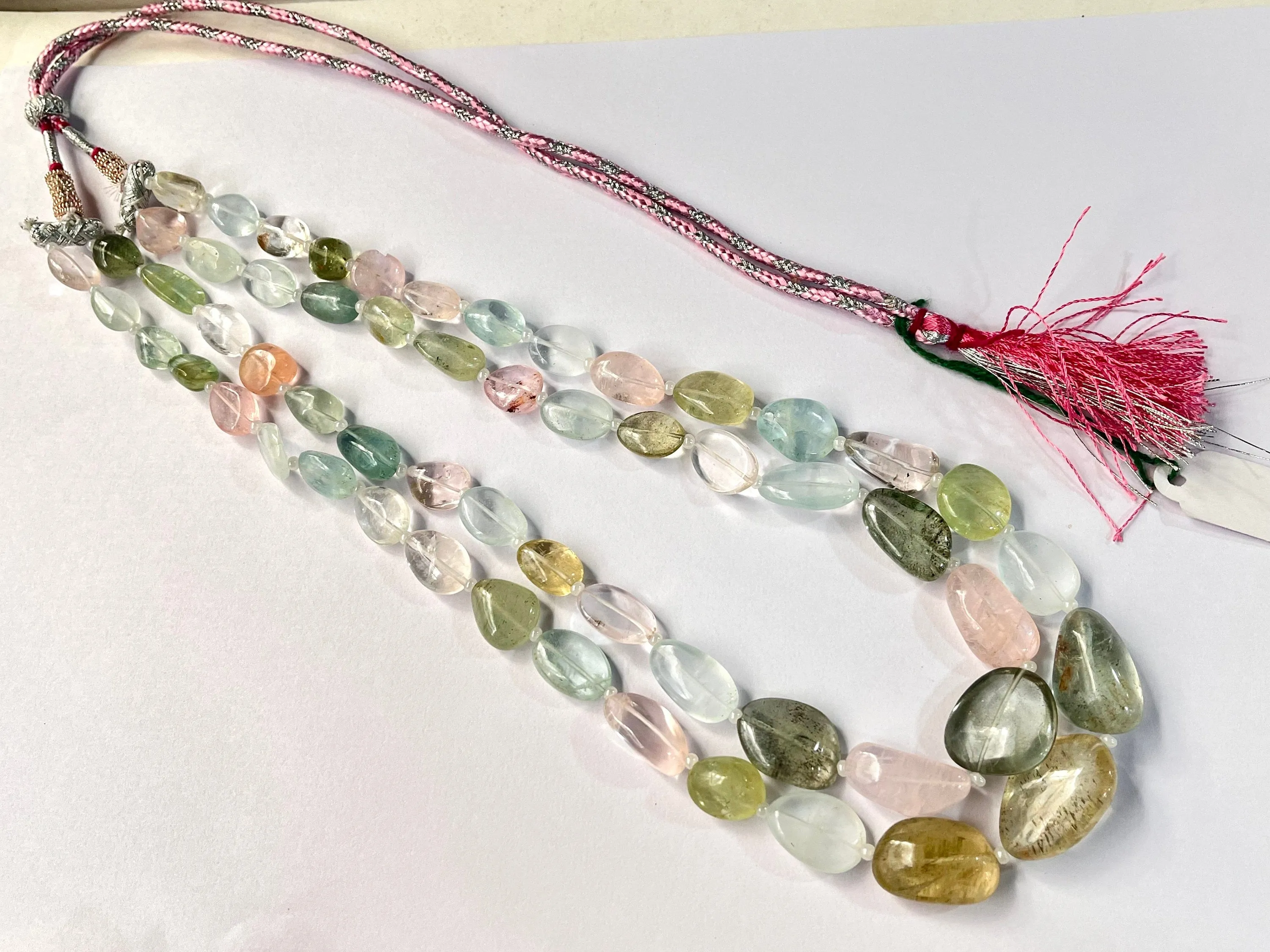 2 Layers Natural Multi Aquamarine Smooth Tumble Shape Beads Necklace