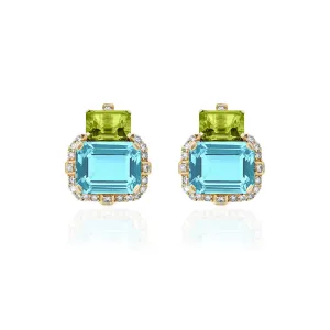 2 Stone Blue Topaz and Peridot Earrings with Diamonds