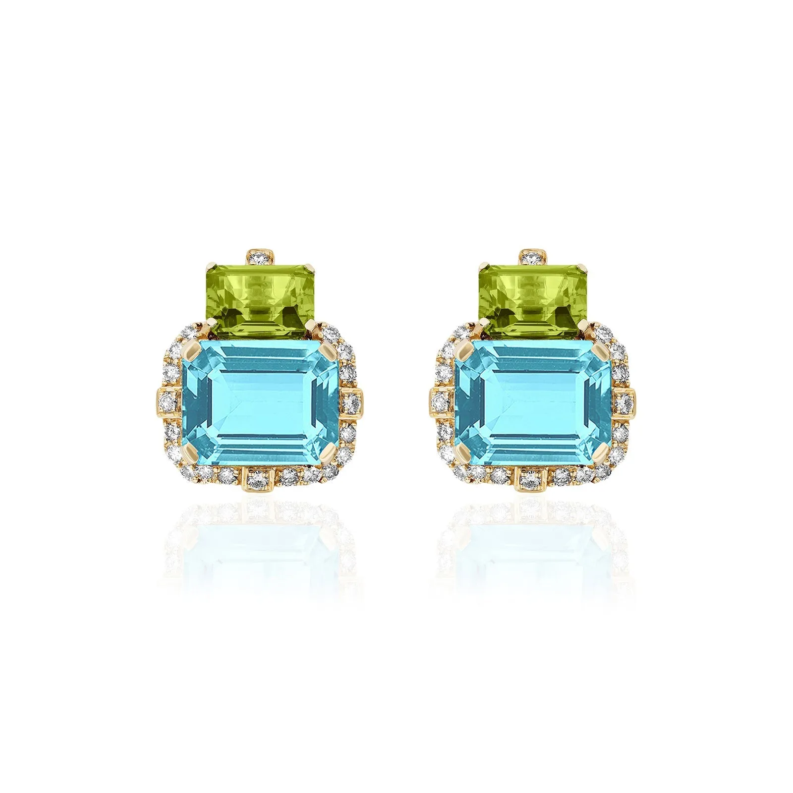 2 Stone Blue Topaz and Peridot Earrings with Diamonds