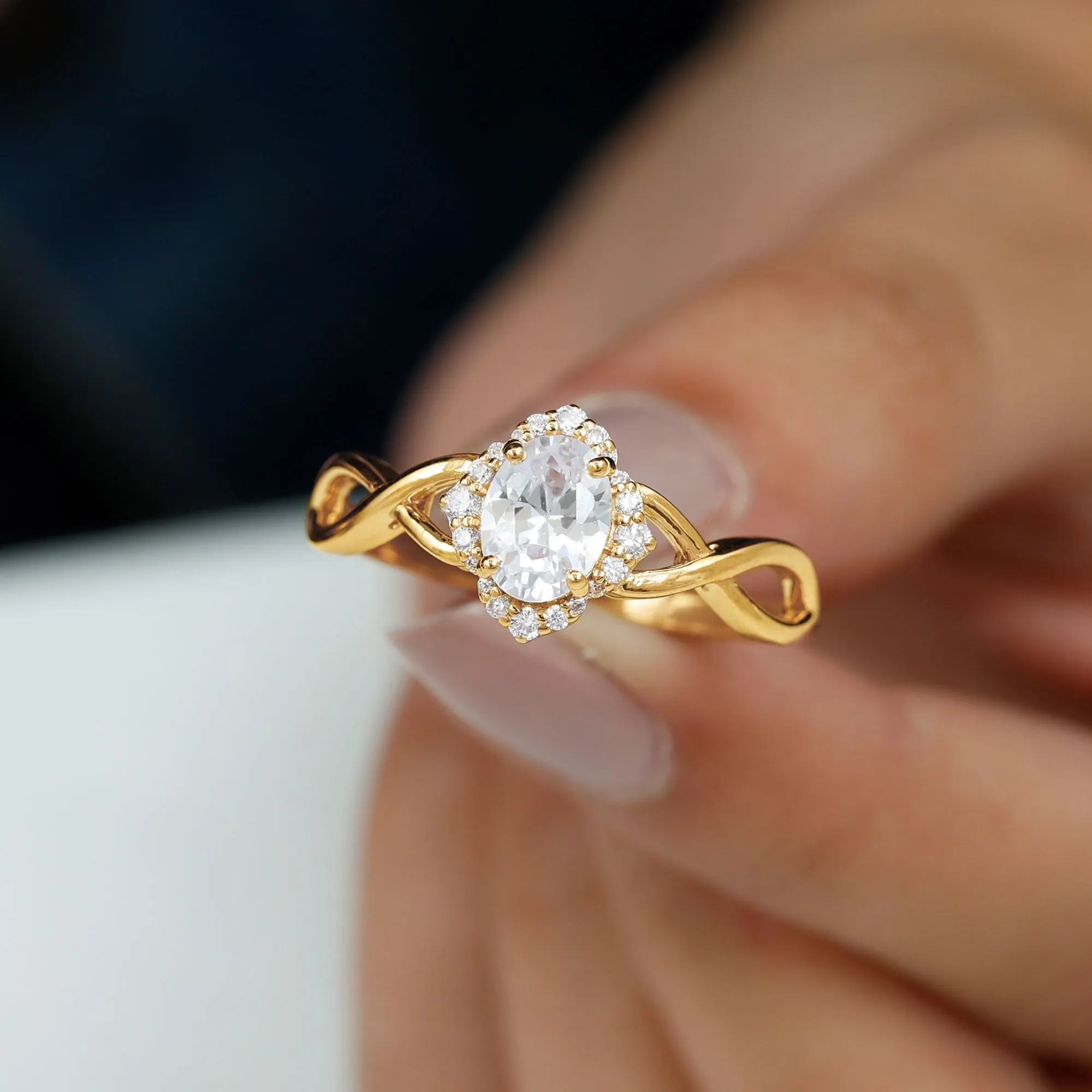 2.25 CT Crossover Shank Oval Zircon Flower Engagement Ring