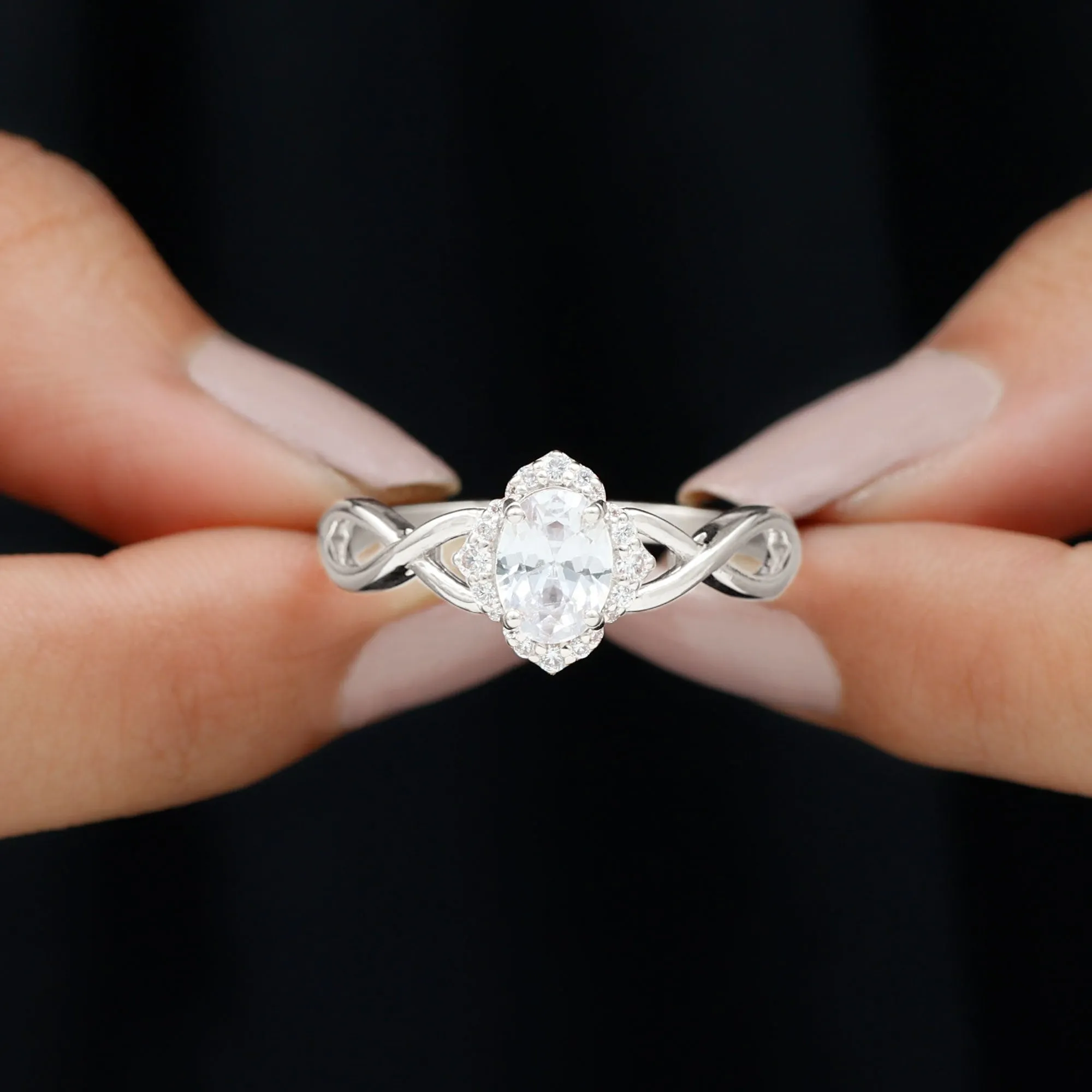 2.25 CT Crossover Shank Oval Zircon Flower Engagement Ring