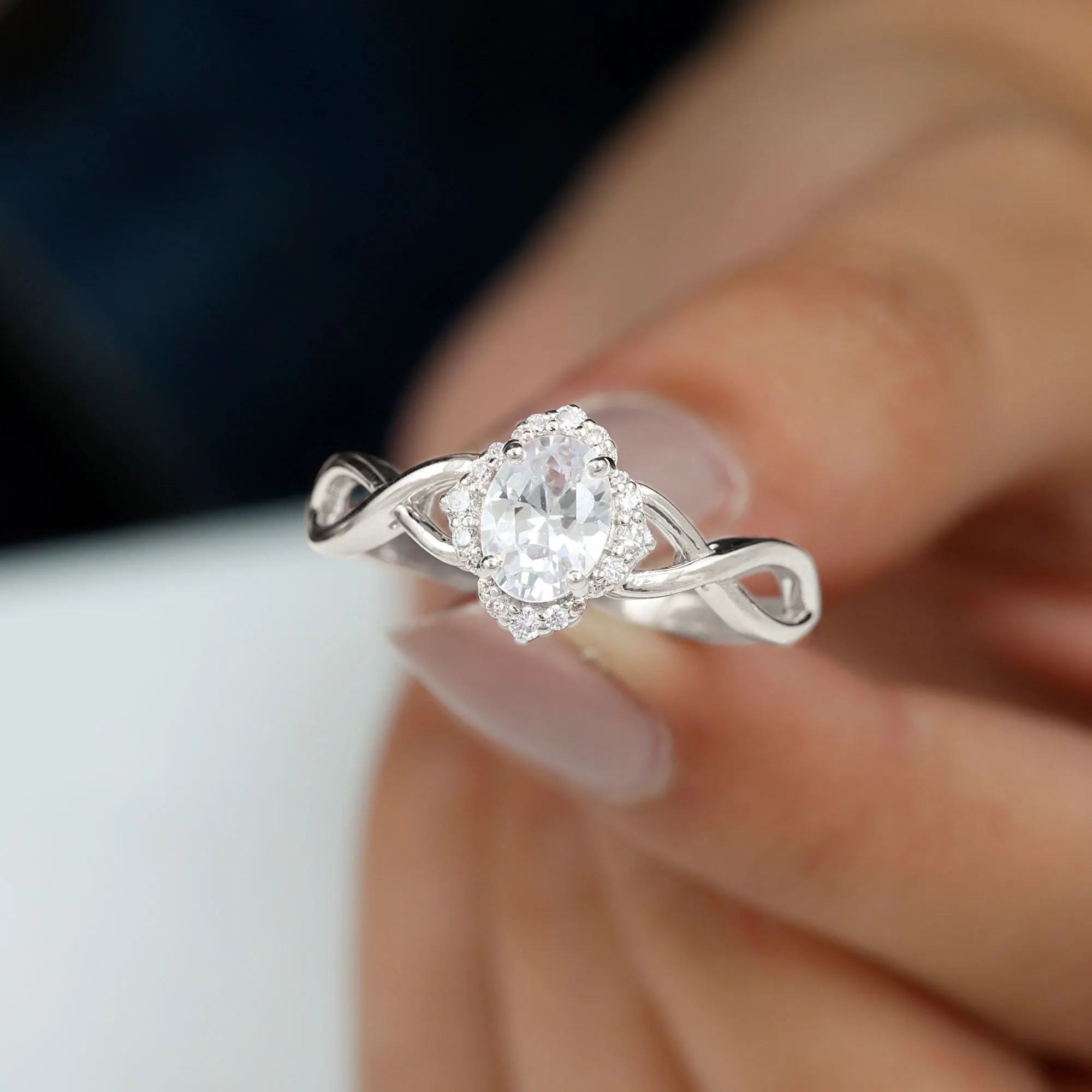 2.25 CT Crossover Shank Oval Zircon Flower Engagement Ring