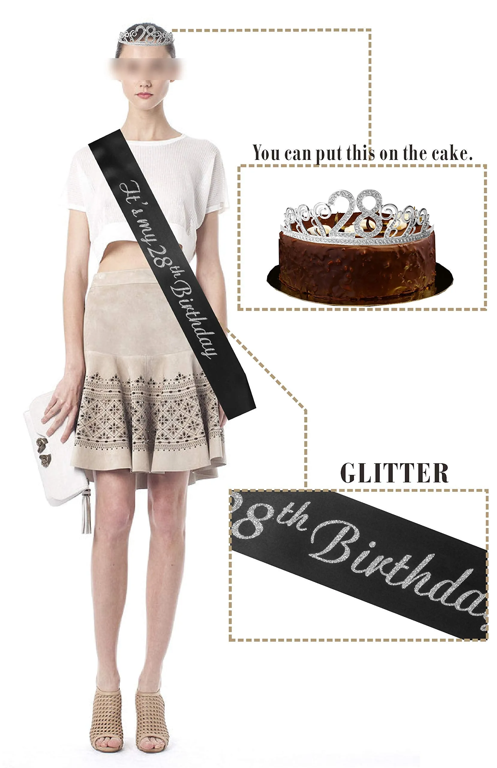 28th Birthday for Women, 28th Birthday Tiara and Sash, HAPPY 28th Birthday Party Supplies