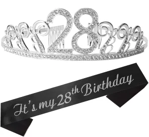 28th Birthday for Women, 28th Birthday Tiara and Sash, HAPPY 28th Birthday Party Supplies