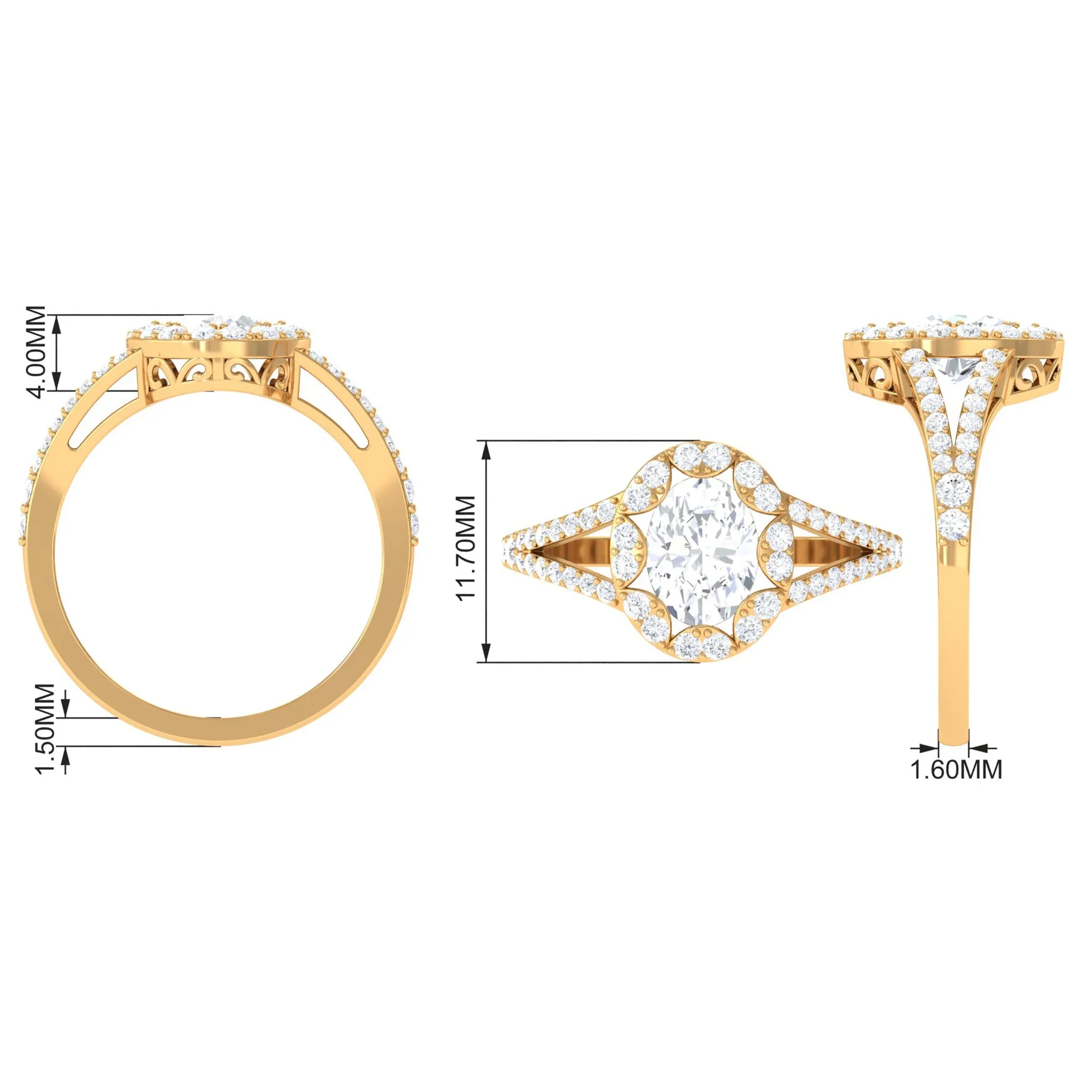 3 CT Split Shank Zircon Oval Engagement Ring in Gold