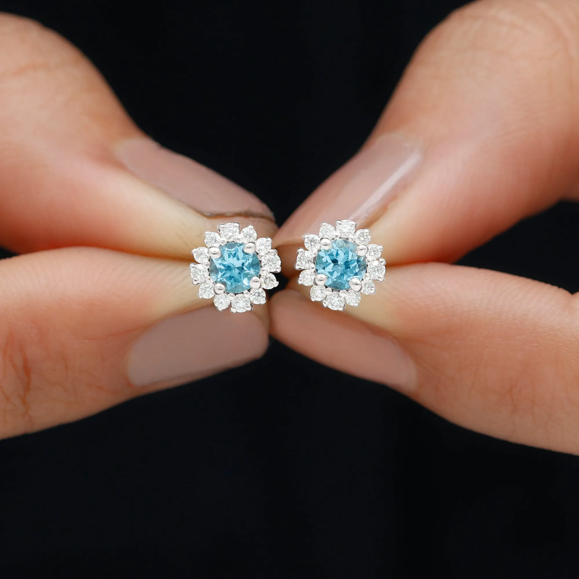 3/4 CT Swiss Blue Topaz and Diamond Halo Stud Earrings